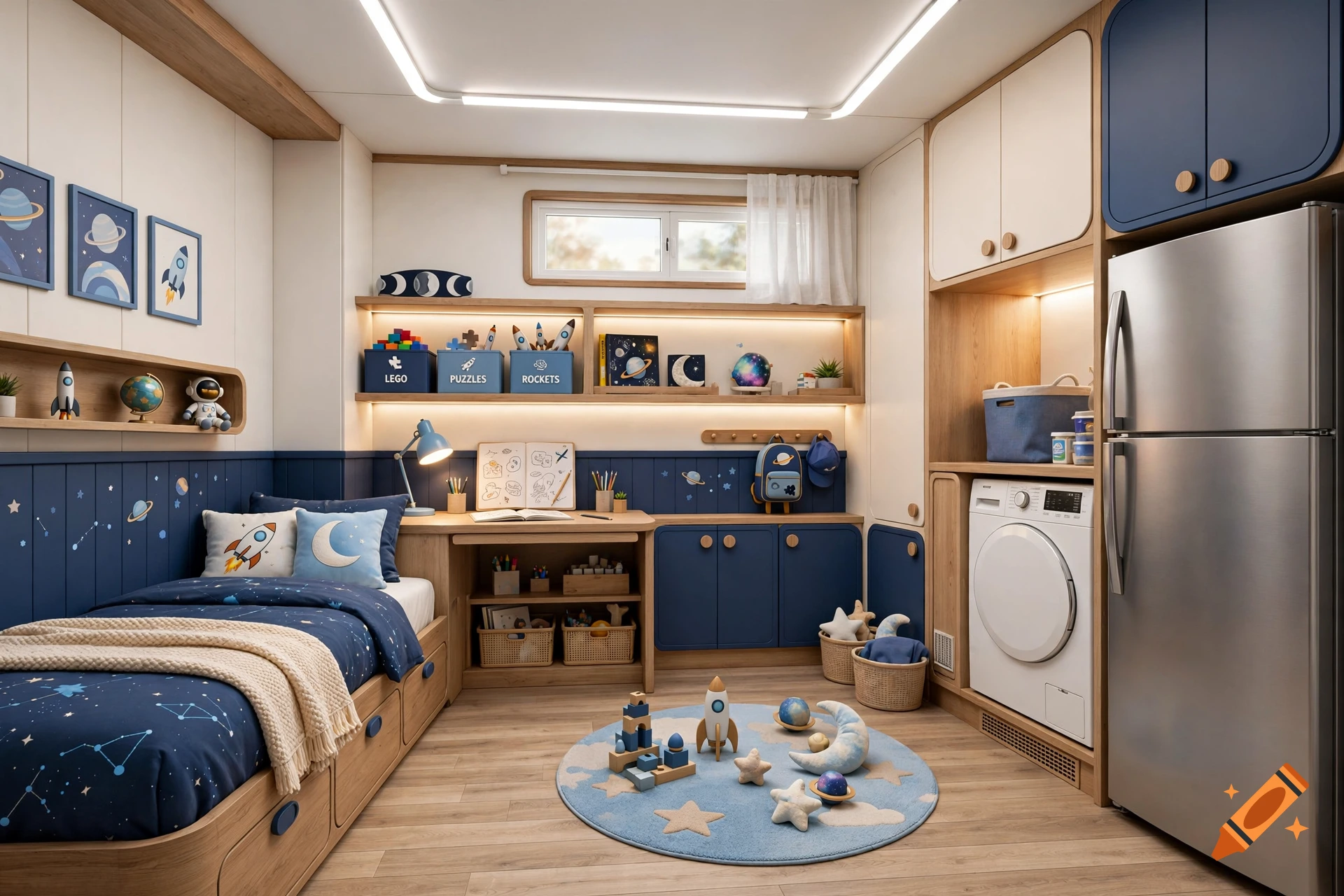 Photorealistic child's bedroom with space theme, blue and wooden built-in furniture, a bed, desk, and integrated washer and refrigerator.