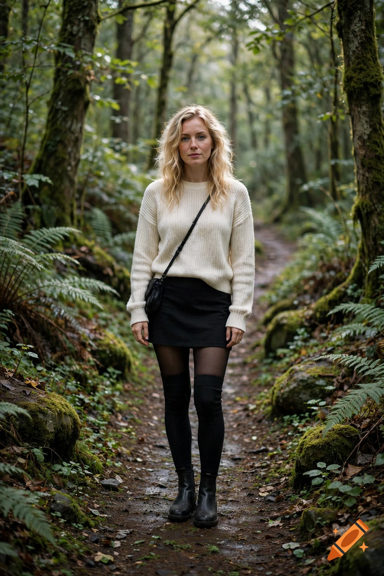 Photorealistic portrait of a young blonde woman standing on a forest path wearing a white sweater, black skirt, and thigh-high socks.