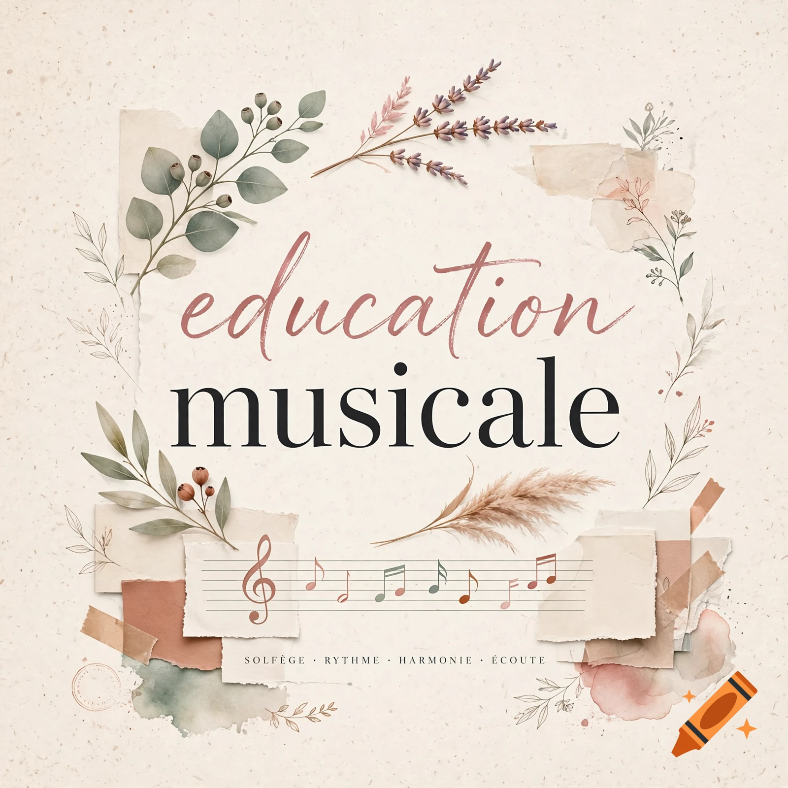 Pinterest-style aesthetic design with the text 'education musicale', botanical illustrations, and musical notes on a beige textured background.