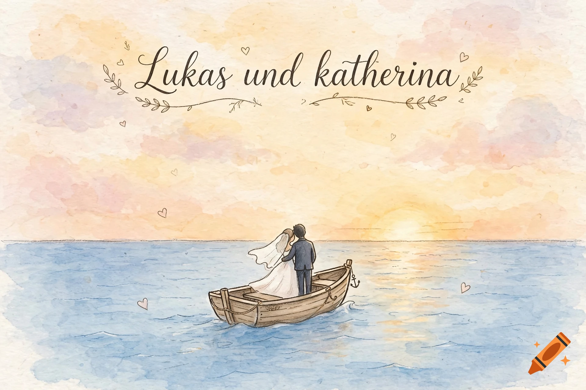 Watercolor illustration of a bride and groom standing in a wooden boat sailing on the sea at sunset, with the text 'Lukas und katherina' above.