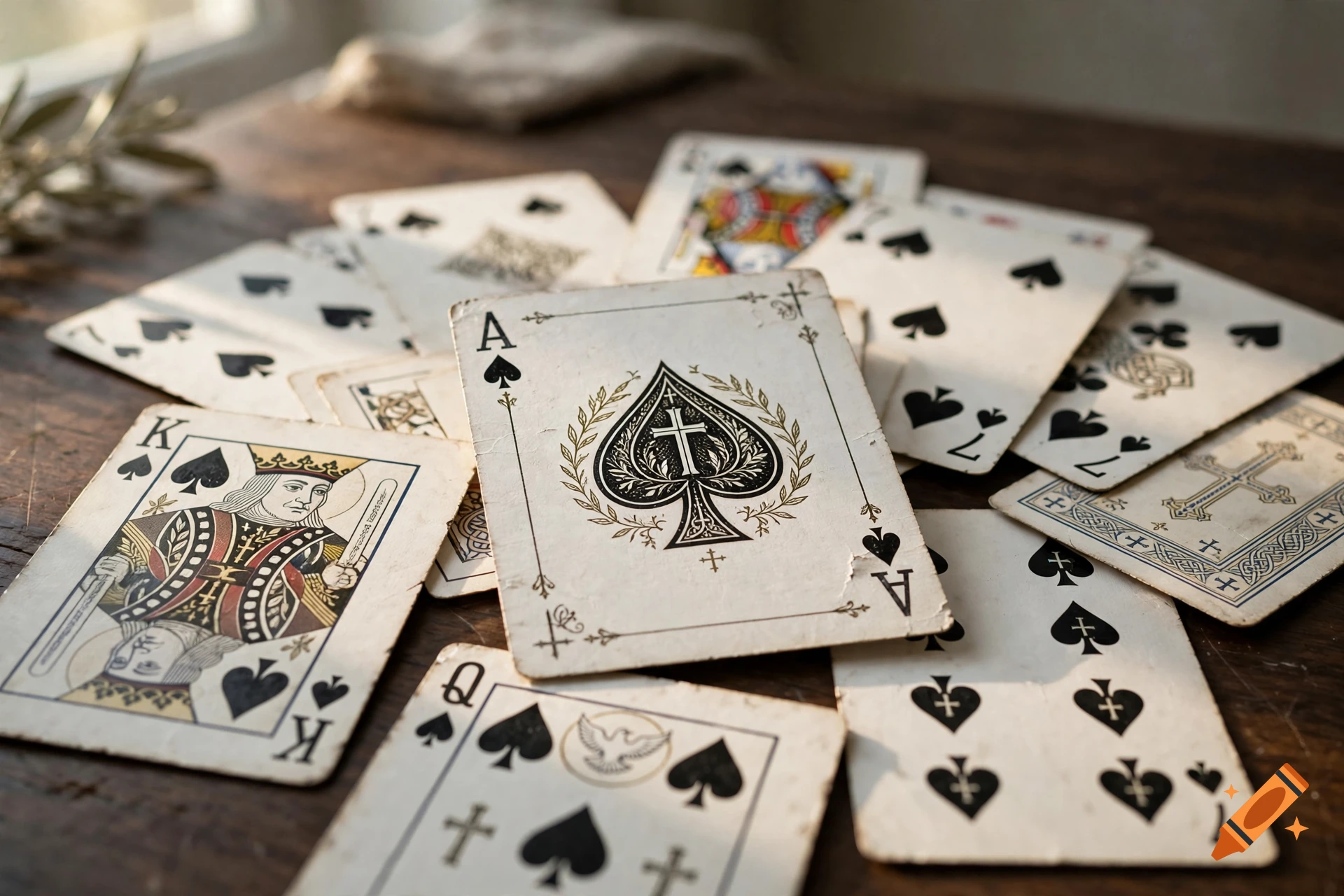Close-up of scattered vintage playing cards with Christian cross motifs on a dark wooden table.