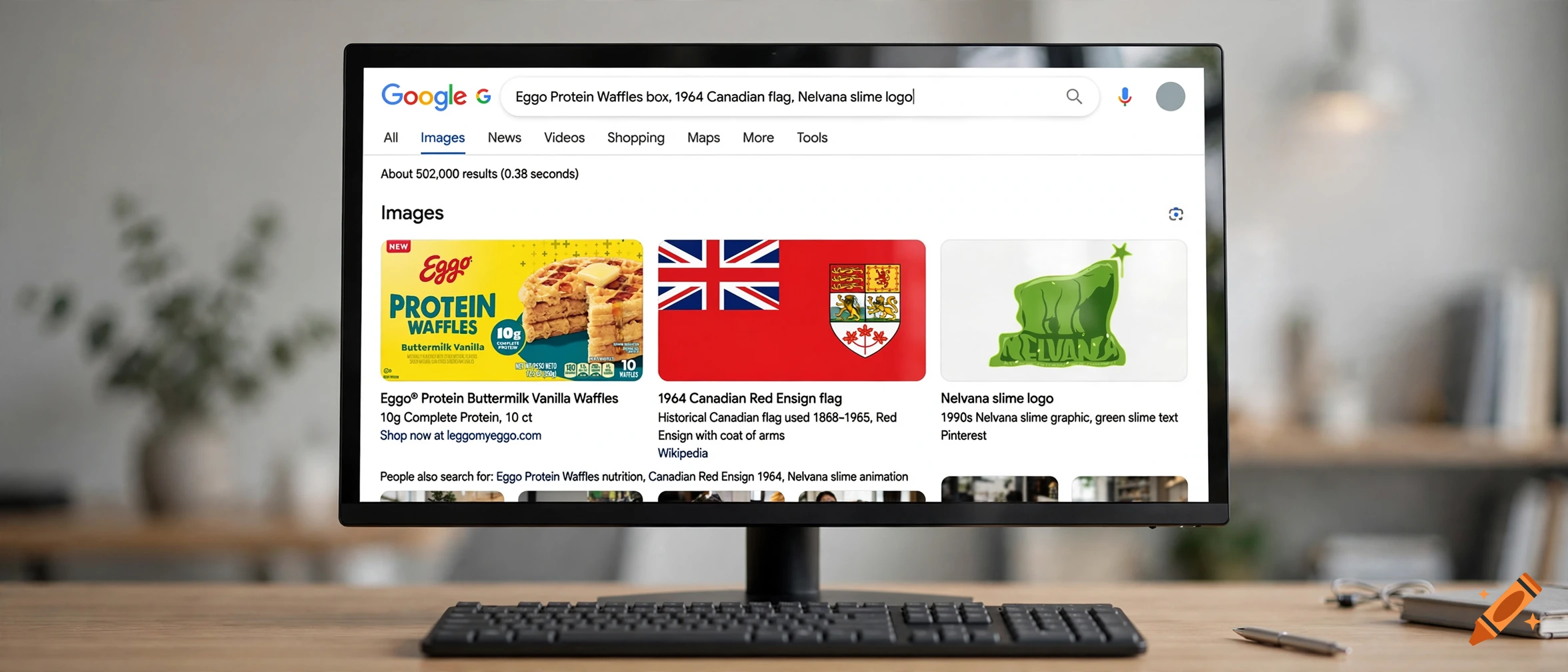 A computer monitor displaying a Google image search for Eggo protein waffles, a 1964 Canadian flag, and Nelvana slime logo.