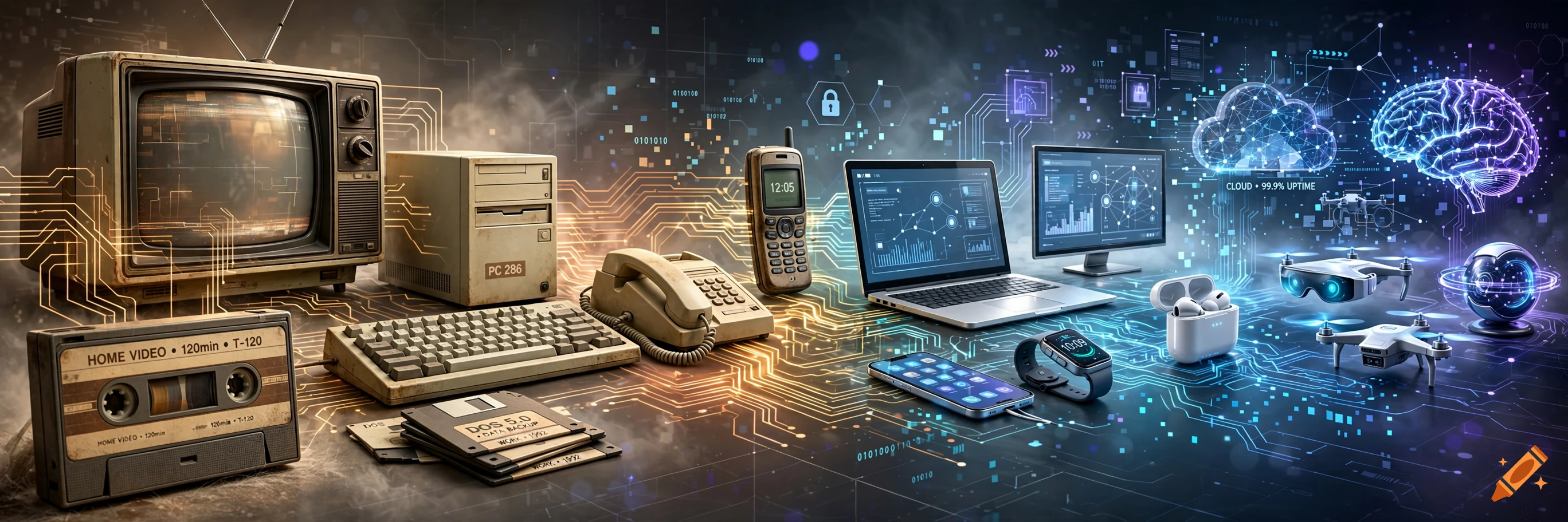 Panoramic view showing the evolution of technology from retro CRT television, cassette tape and DOS floppy disks to modern smartphones, laptops, cloud computing, and AI.