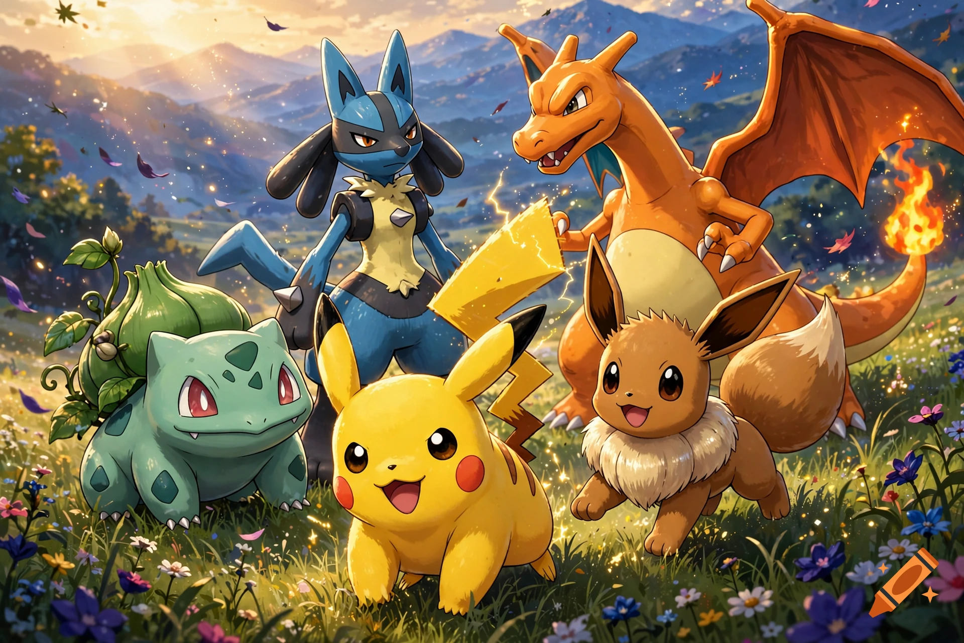 Digital illustration of several Pokemon including Pikachu, Bulbasaur, Lucario, Charizard, and Eevee in a sunny grassy field.
