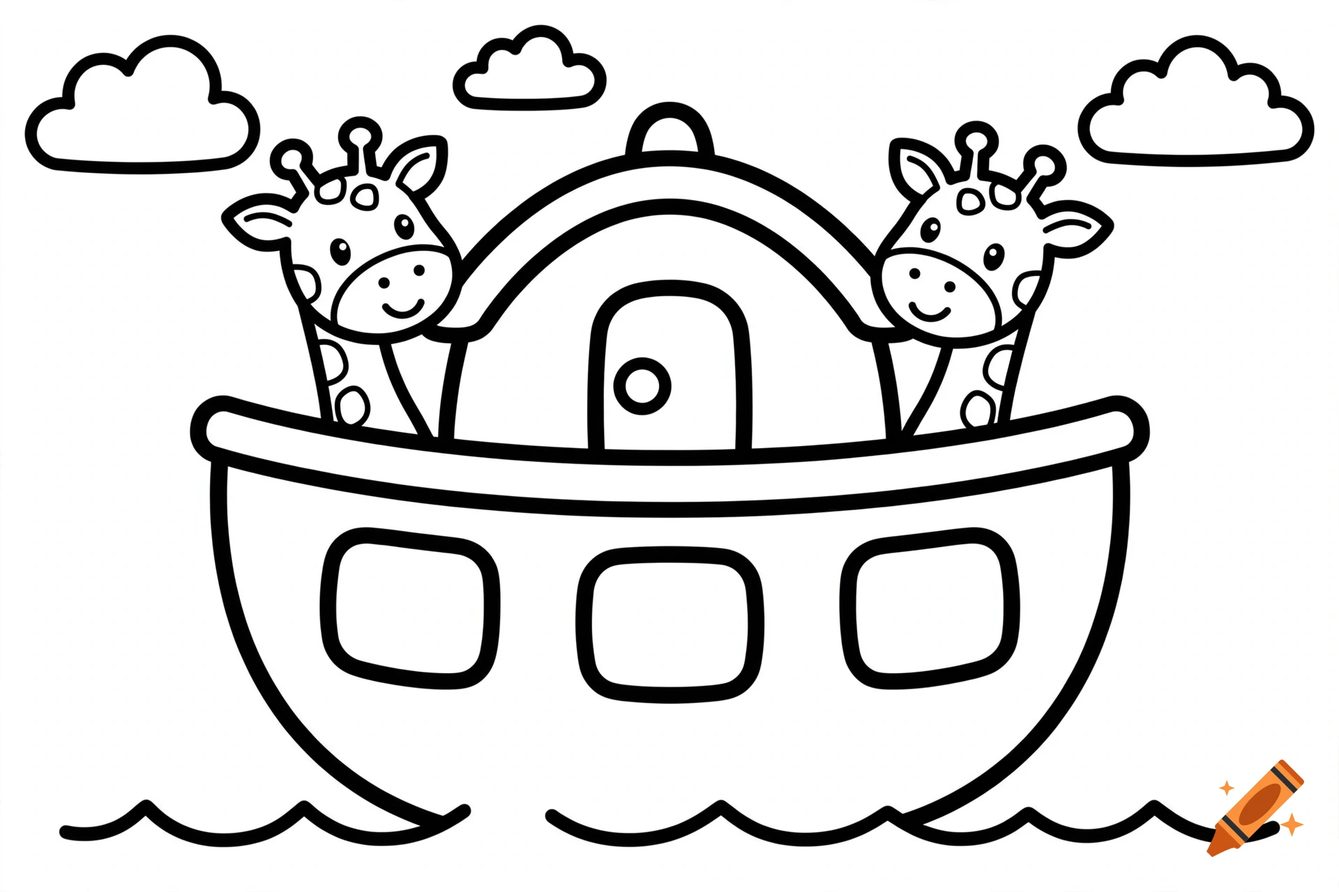 Black and white coloring page of Noah's Ark with two cute giraffes peering out, simple bold outlines.