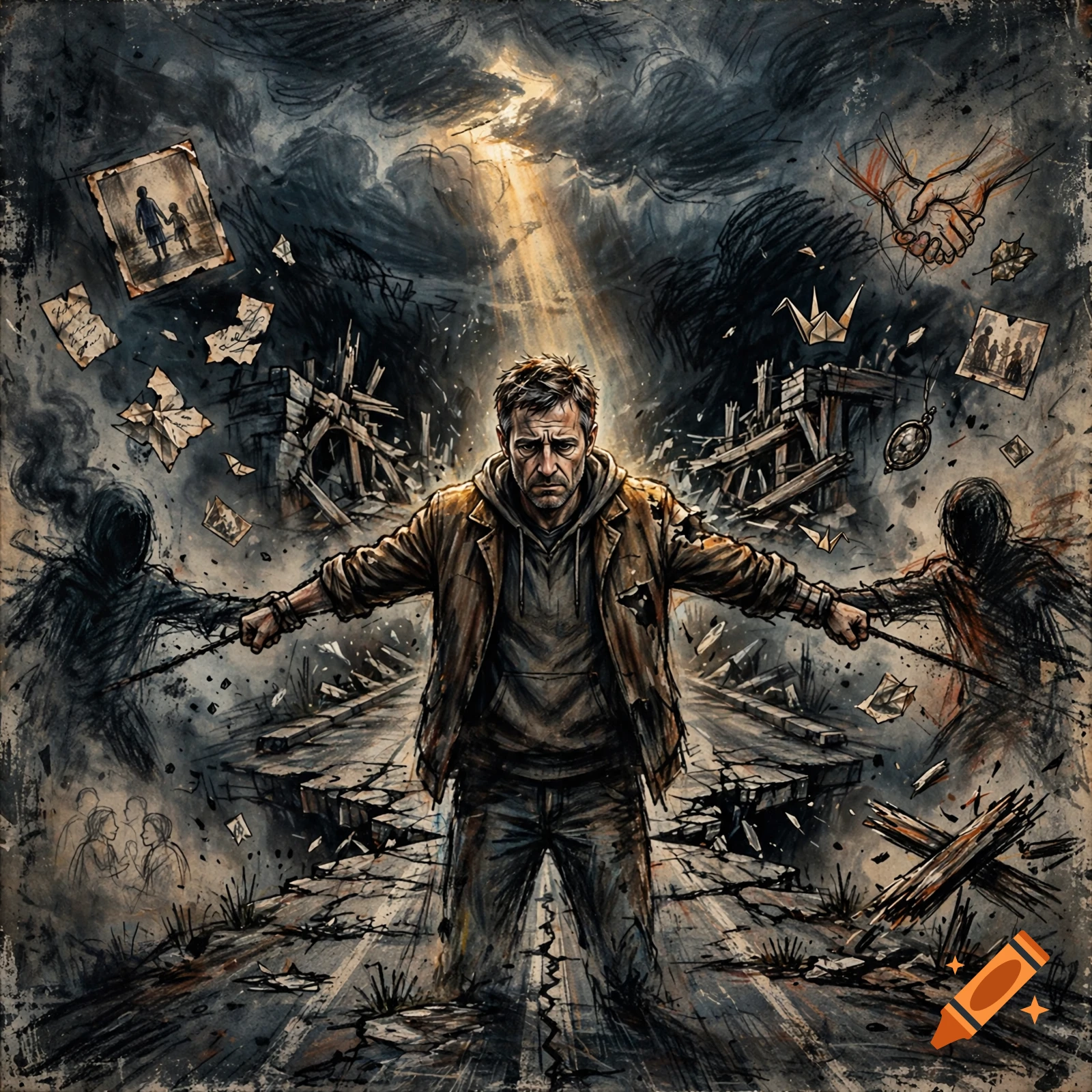 Gritty crayon and colored pencil illustration of a middle-aged man standing on a cracked road, pulled by shadowy figures.