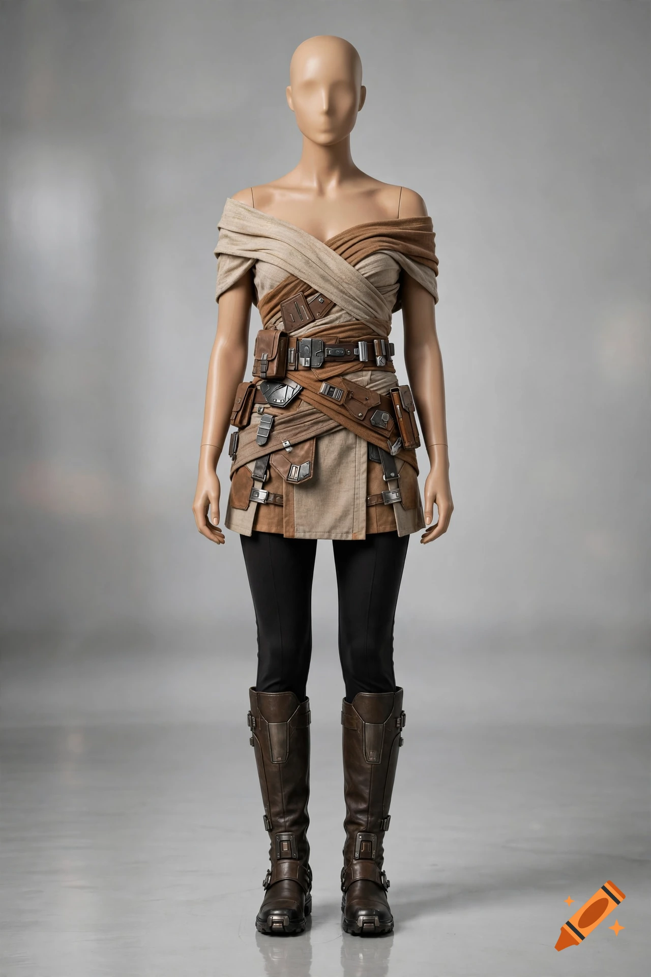 Photorealistic image of a mannequin wearing a Star Wars inspired Jedi outfit with layered brown fabrics, utility belt, black leggings, and tall boots.