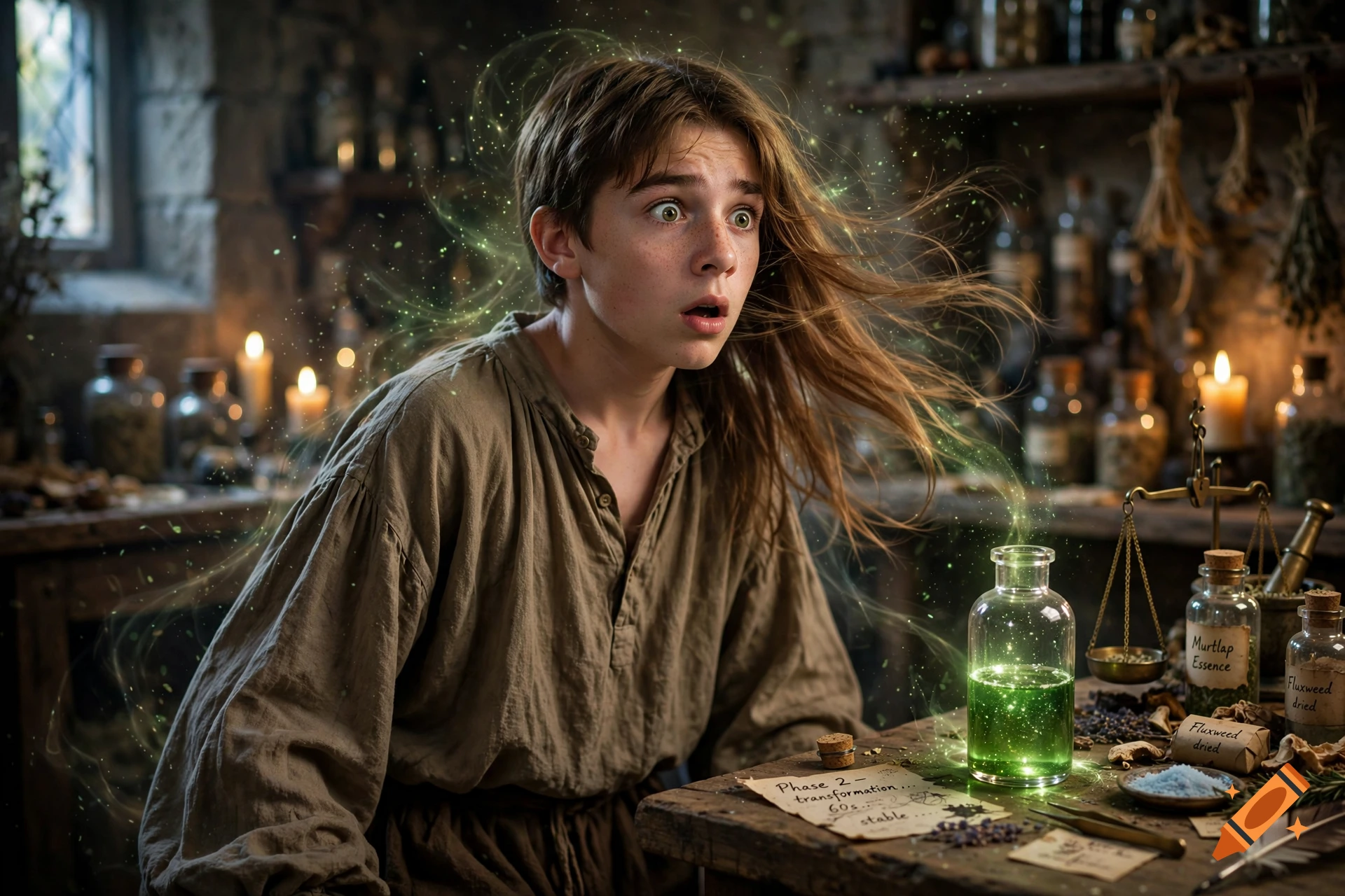 Photorealistic scene of a young wizard in a potion classroom experiencing a magical transformation with glowing green potion bottles.