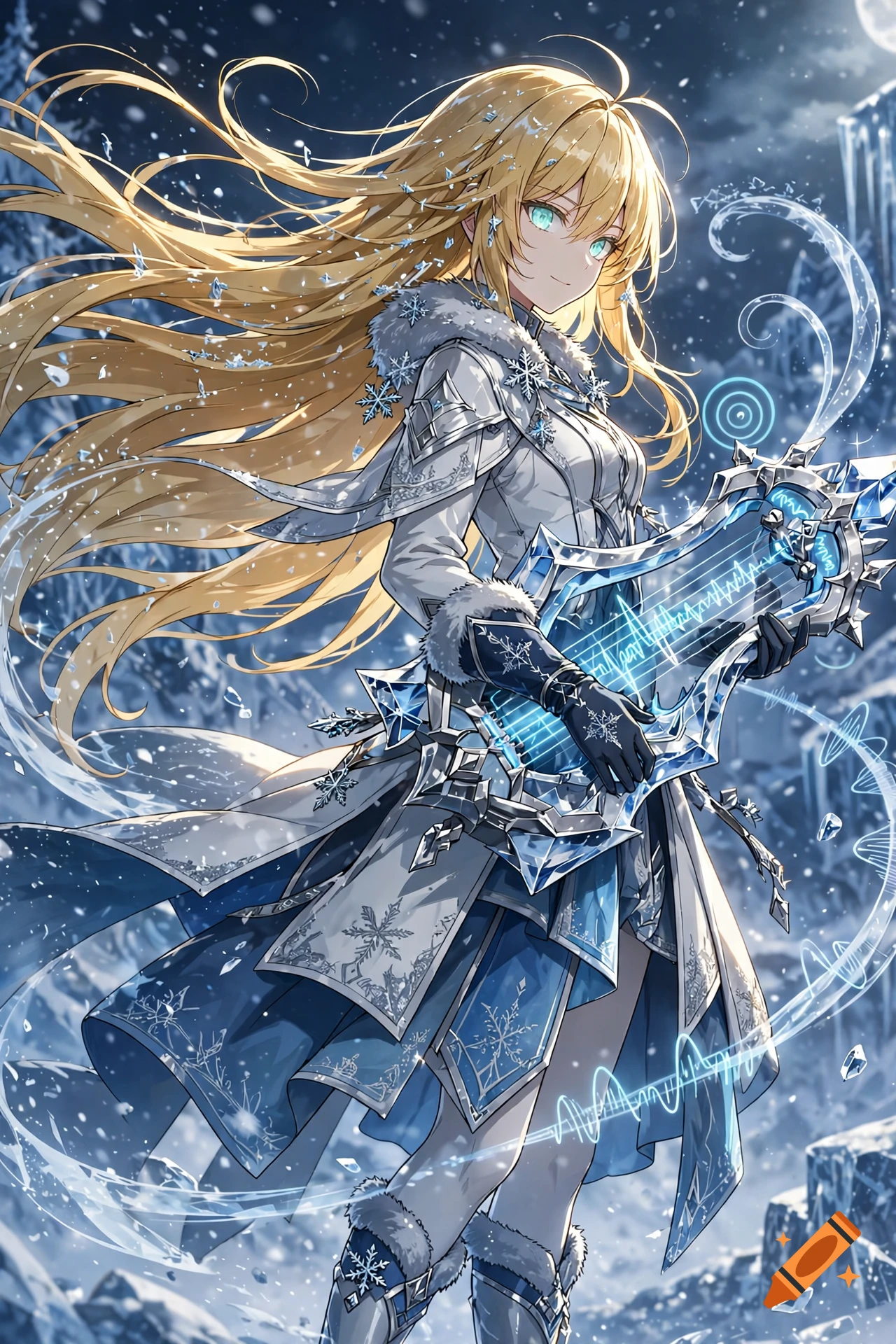Anime girl with long gold hair in white and blue winter armor holding a crystal harp in a snowy landscape.