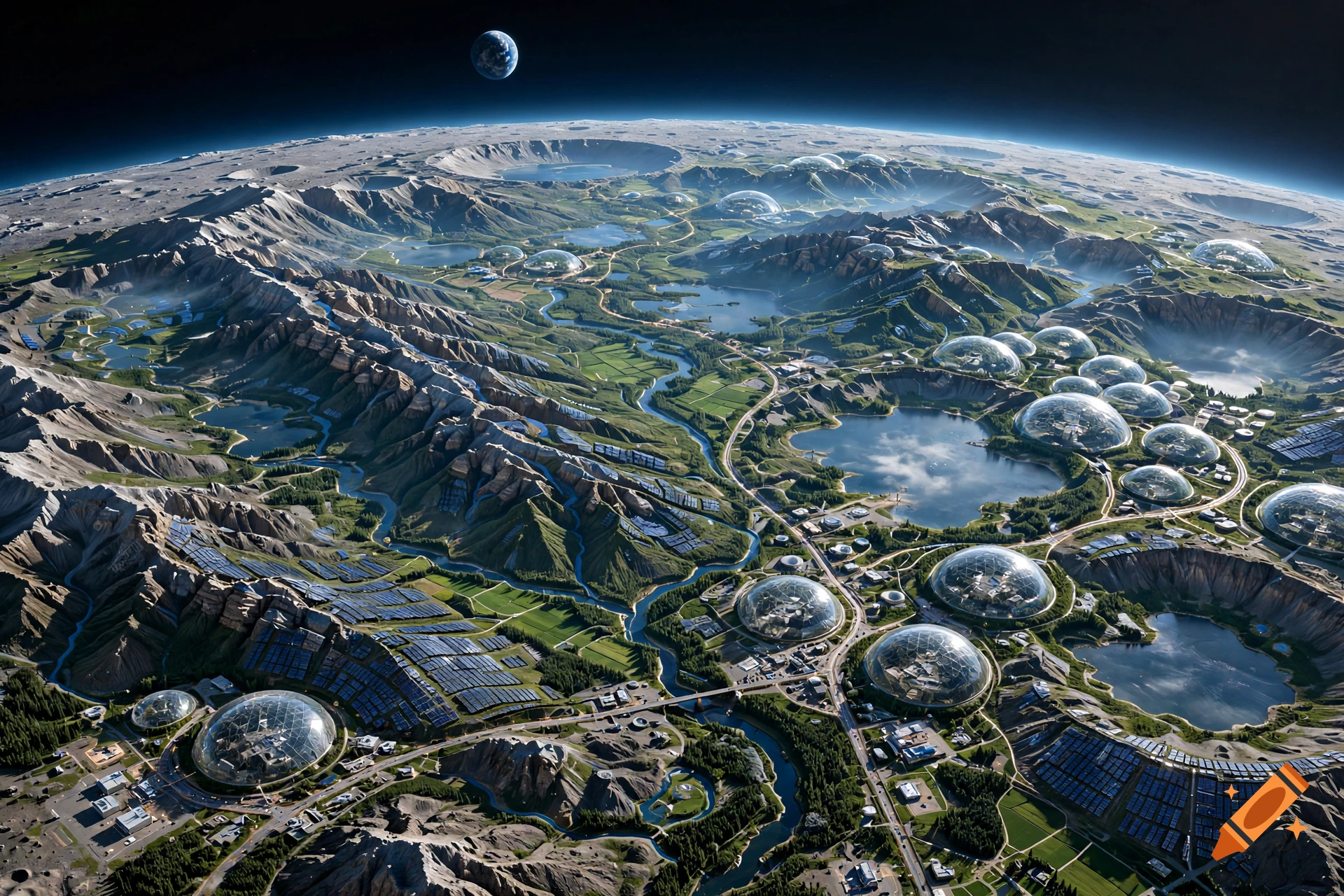 Birds-eye view of a terraformed moon with green valleys, lakes, and geodesic domes, showing Earth in the starry dark sky.