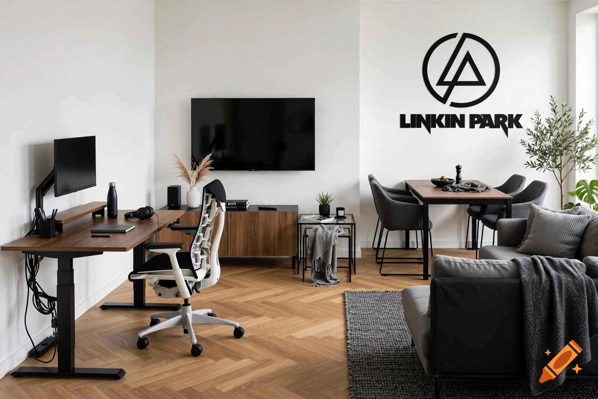 Photorealistic modern living room and home office with a wooden desk, gray sofa, and Linkin Park logo on the wall.
