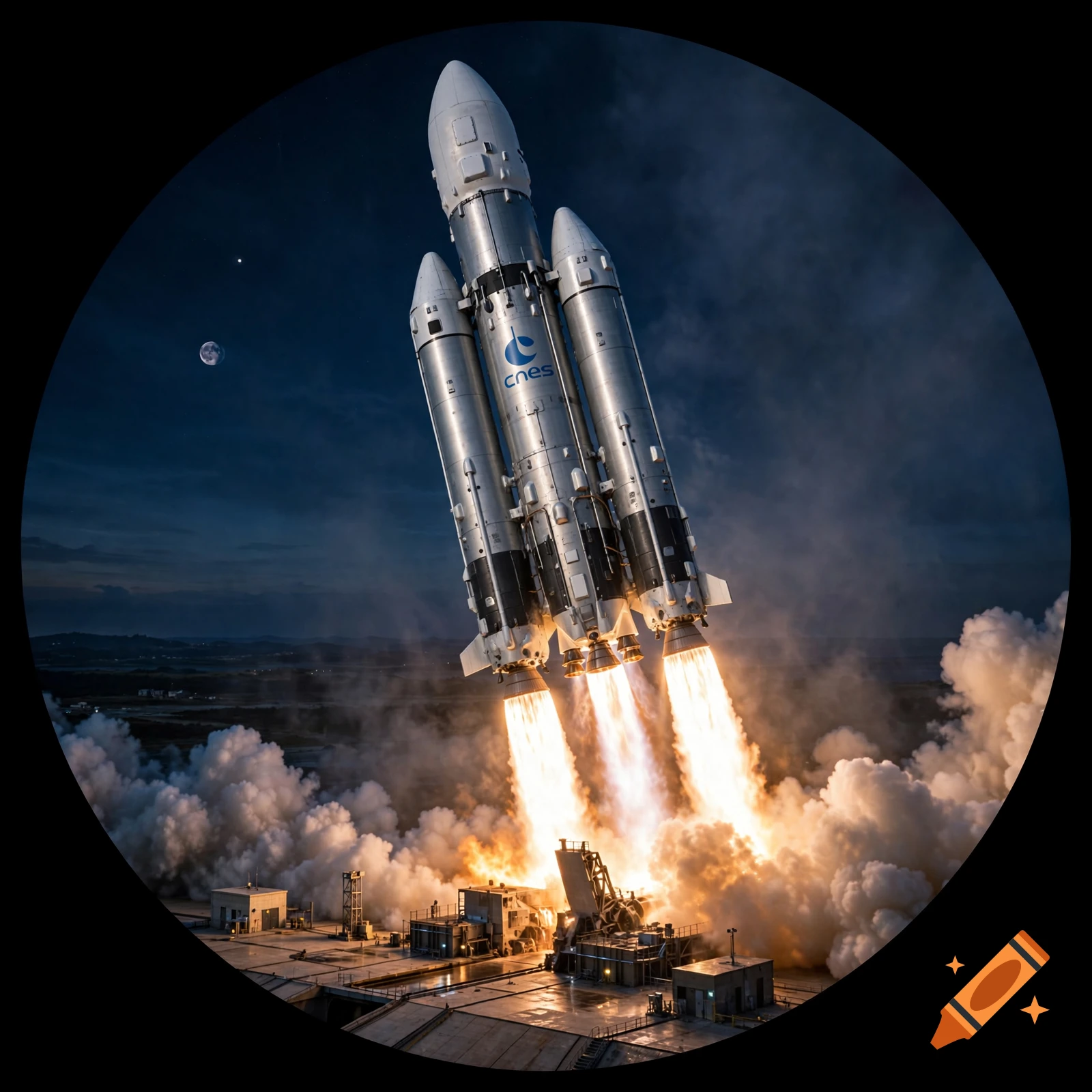 Photorealistic image of a three-booster rocket launching at night with the CNES logo visible on the central hull, inside a circular frame.