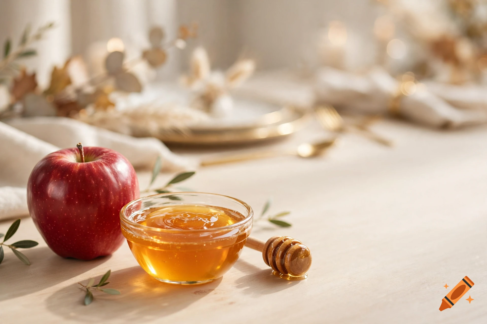 Photorealistic still life with a red apple, a bowl of honey, and a honey dipper on a wooden table.