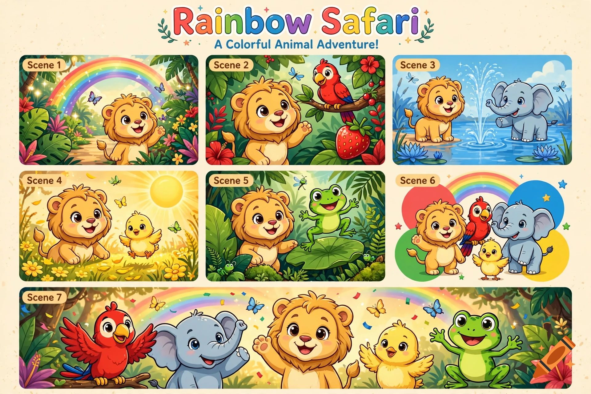 Colorful 2D cartoon illustration sheet featuring a baby lion and animal friends in a tropical jungle setting.