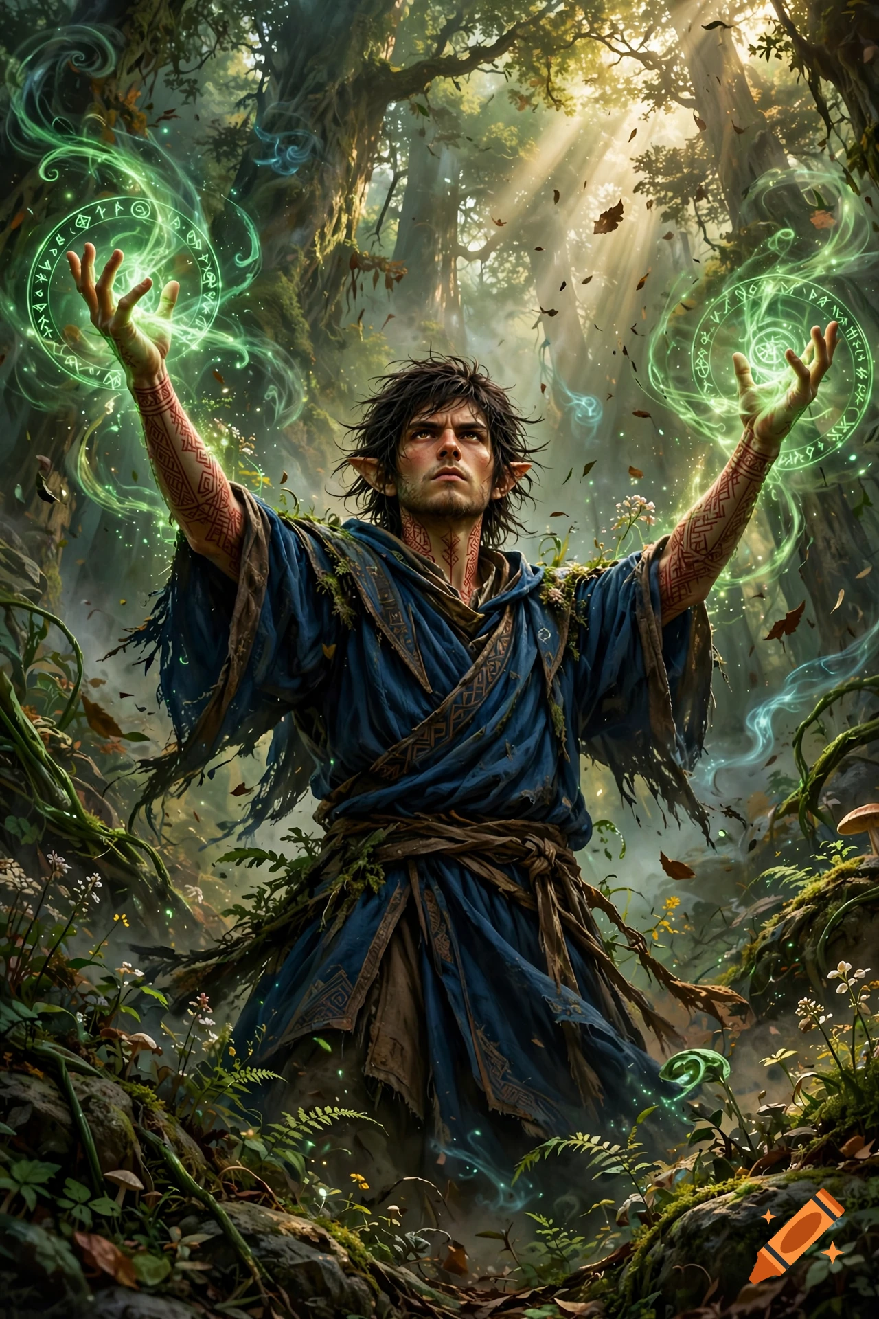 A young male half-elf shaman in blue robes casting a green magical spell in a sunlit forest.
