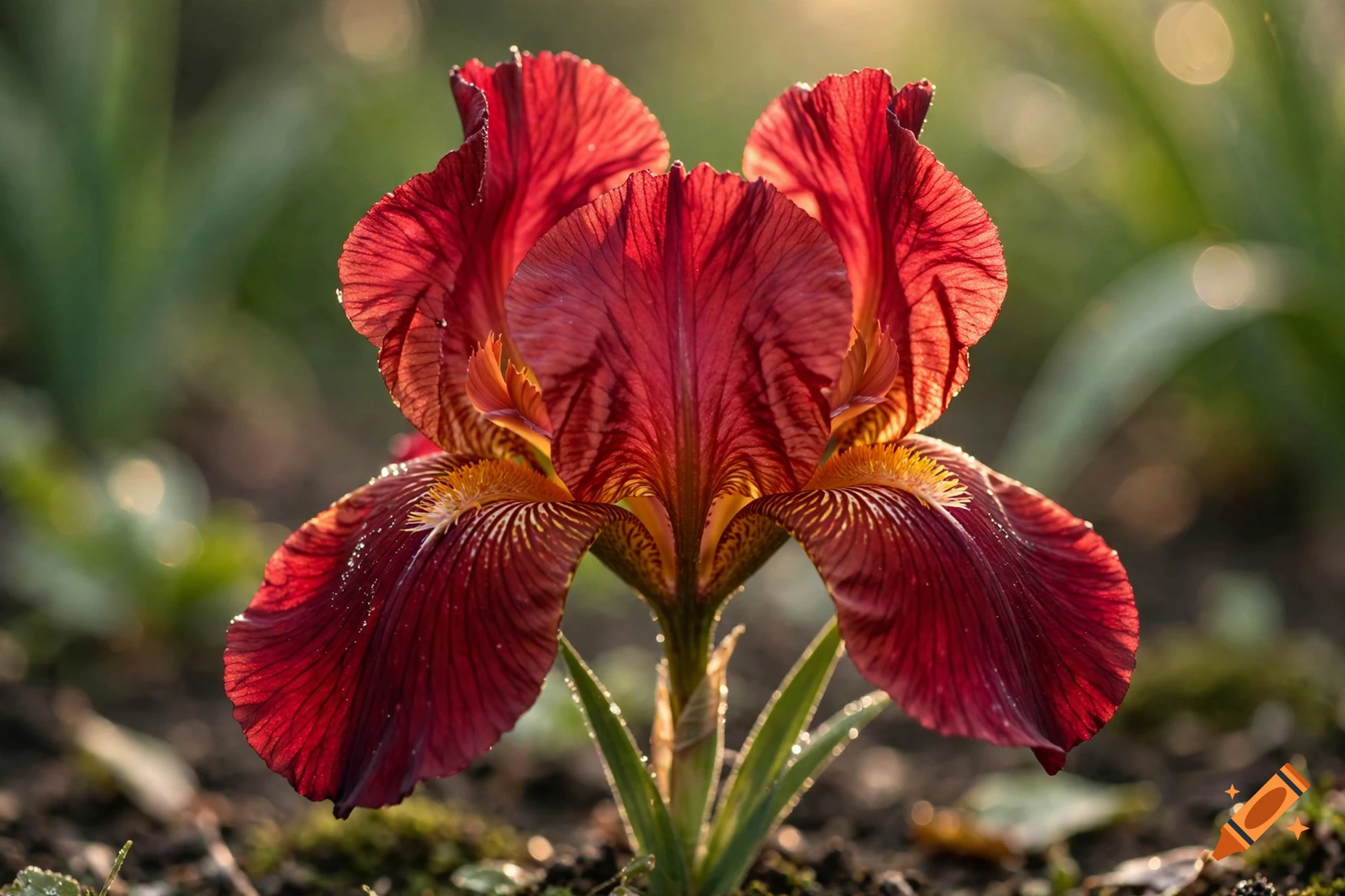 Close-up photograph of a vibrant red iris flower blooming in a garden with soft-focus background.