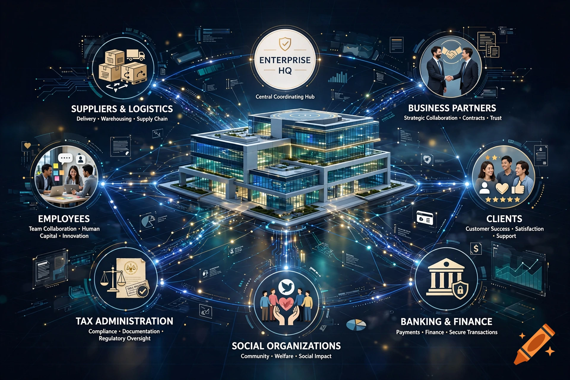 Digital illustration of a central enterprise headquarters building connected to various business departments like suppliers, clients, and finance.