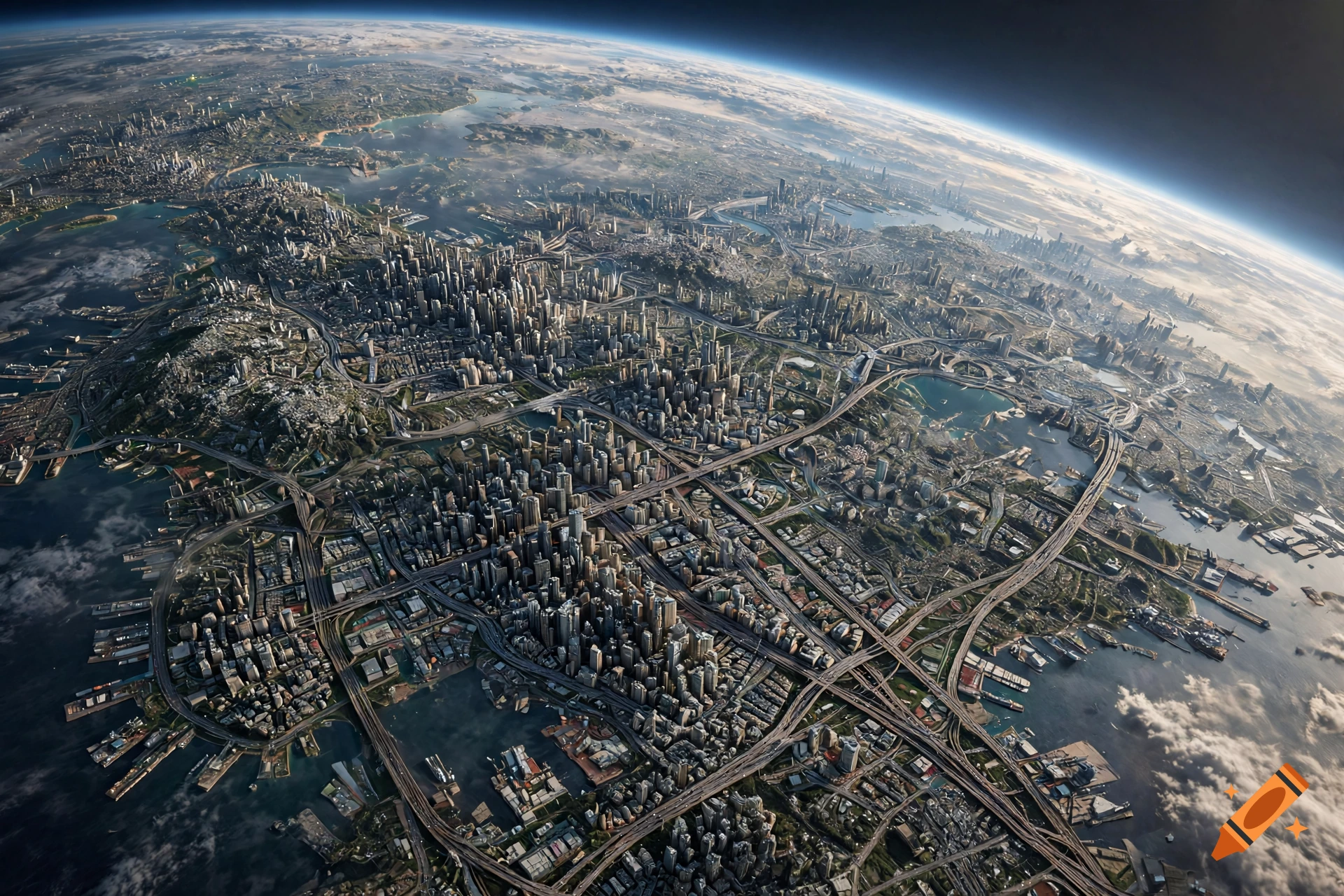 Photorealistic aerial view of a massive, densely packed megacity covering a planet, viewed from space with the horizon and curvature of Earth visible.