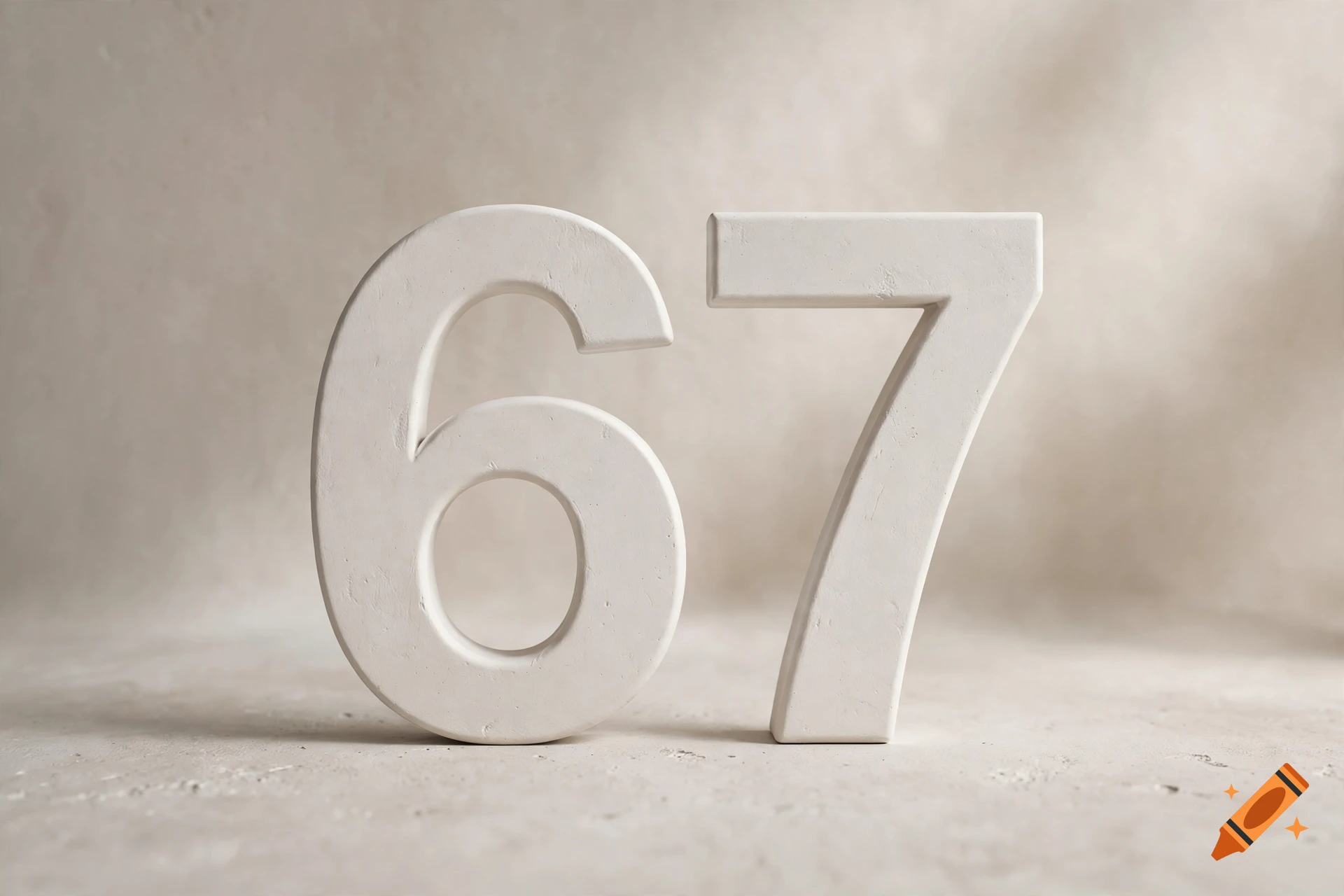 White 3D numbers 67 standing on a neutral beige textured surface, photorealistic studio shot.