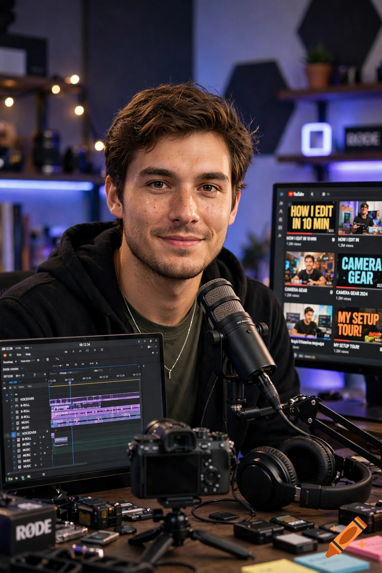Photorealistic portrait of a young male content creator sitting at a desk with a microphone, camera, and video editing software open on a laptop screen.