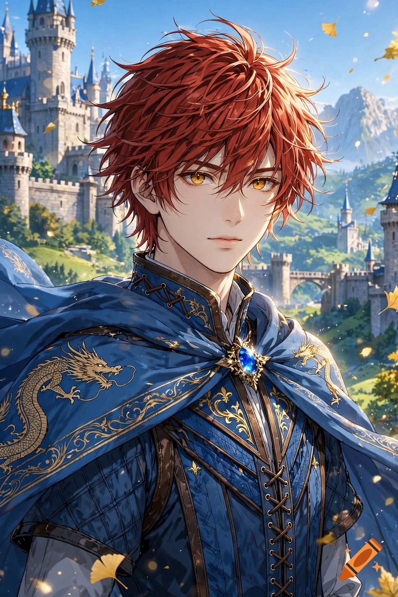 Portrait of a handsome anime prince with red hair and blue armor, with a fantasy castle in the background.