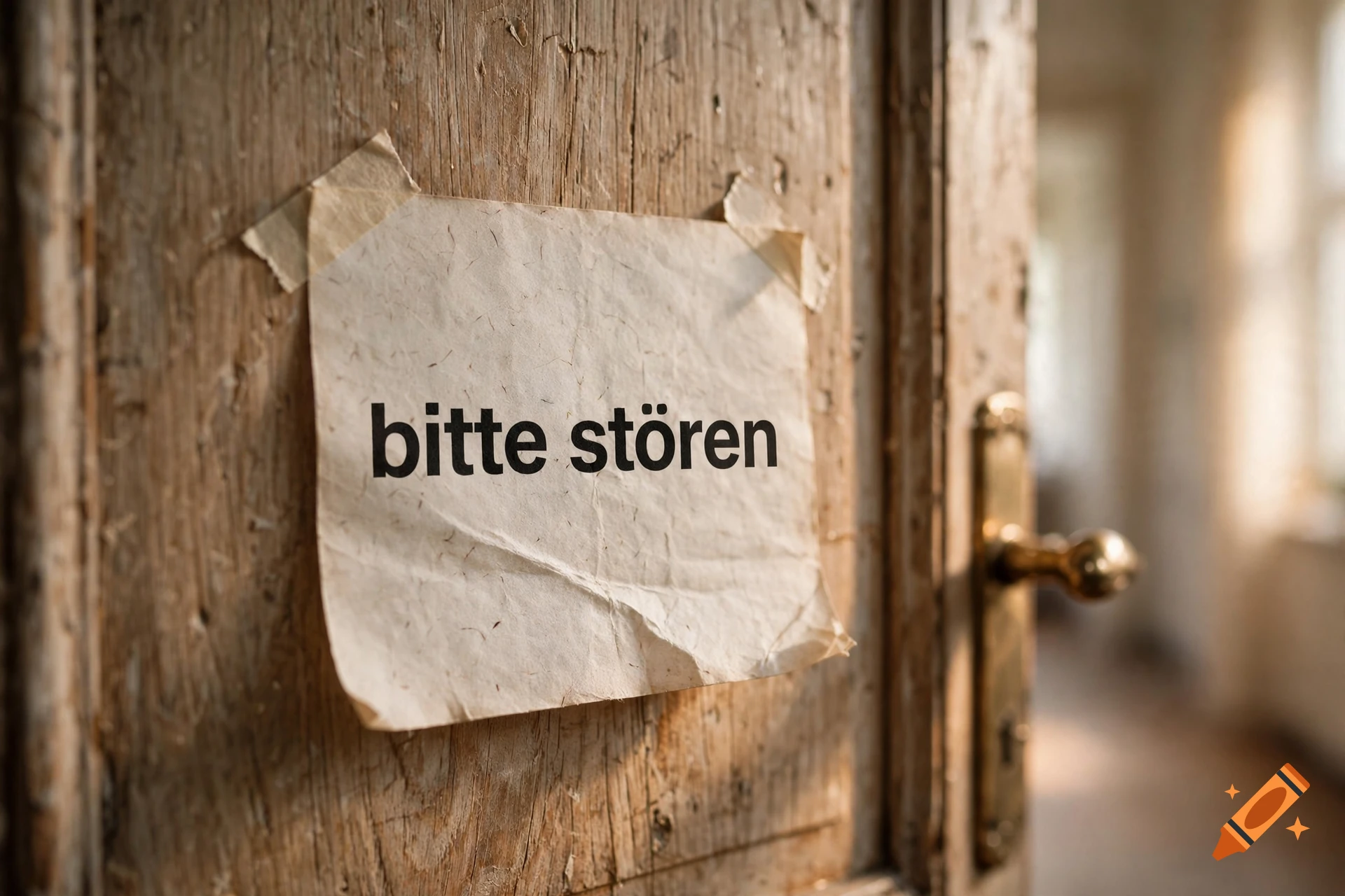 Close-up of a rustic wooden door with a taped paper note reading 'bitte stören'.