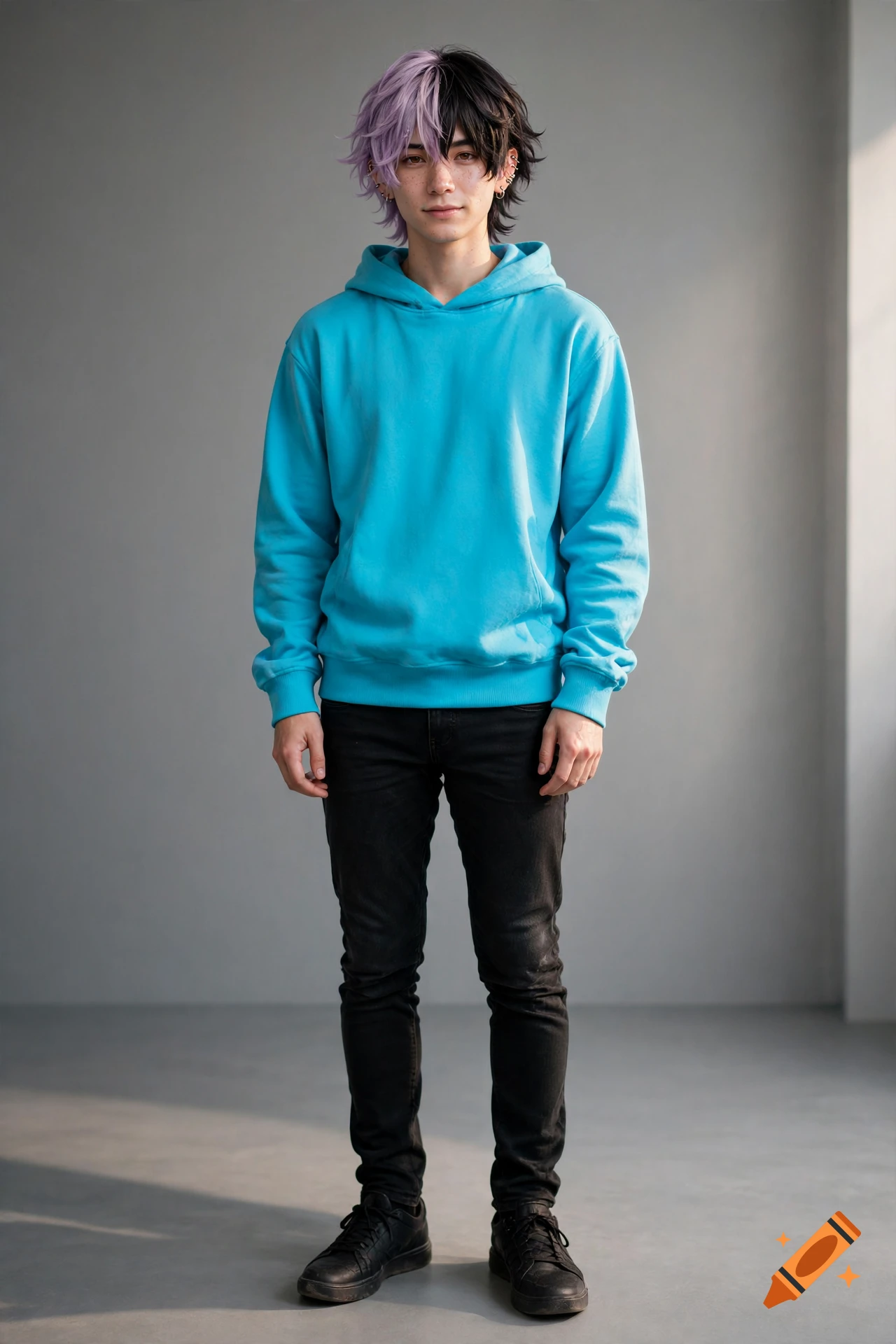 Full-body portrait of a male Vtuber with split pastel purple and black hair, cyan hoodie, black jeans, sneakers, and pierced ears.