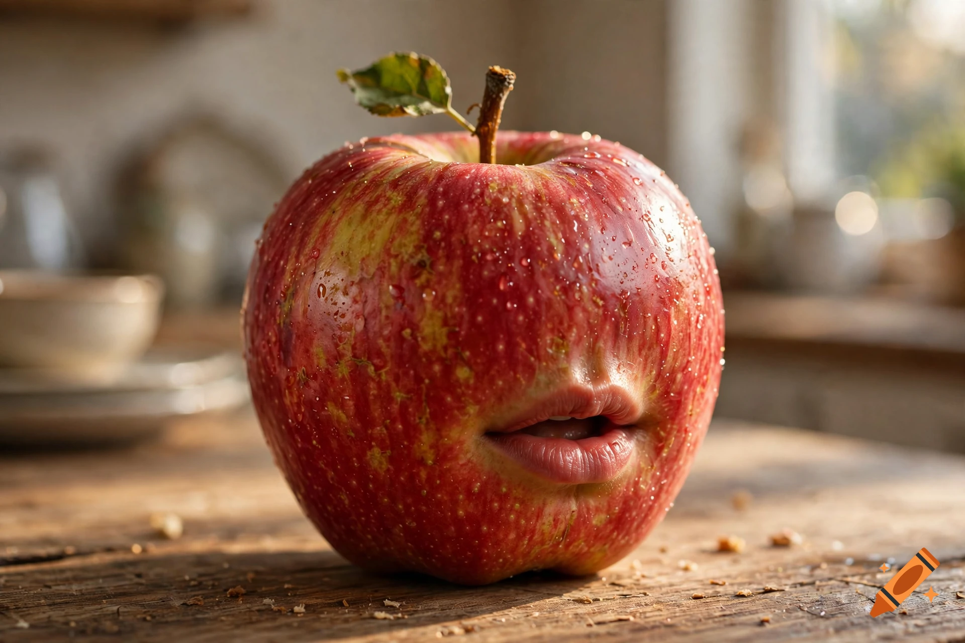 Photorealistic close-up of a red apple with human lips speaking, resting on a wooden table in a kitchen.