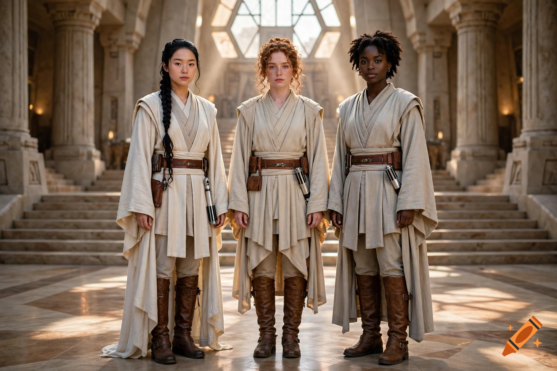 Photorealistic full-body portrait of three young female Jedi standing in a grand temple hall.