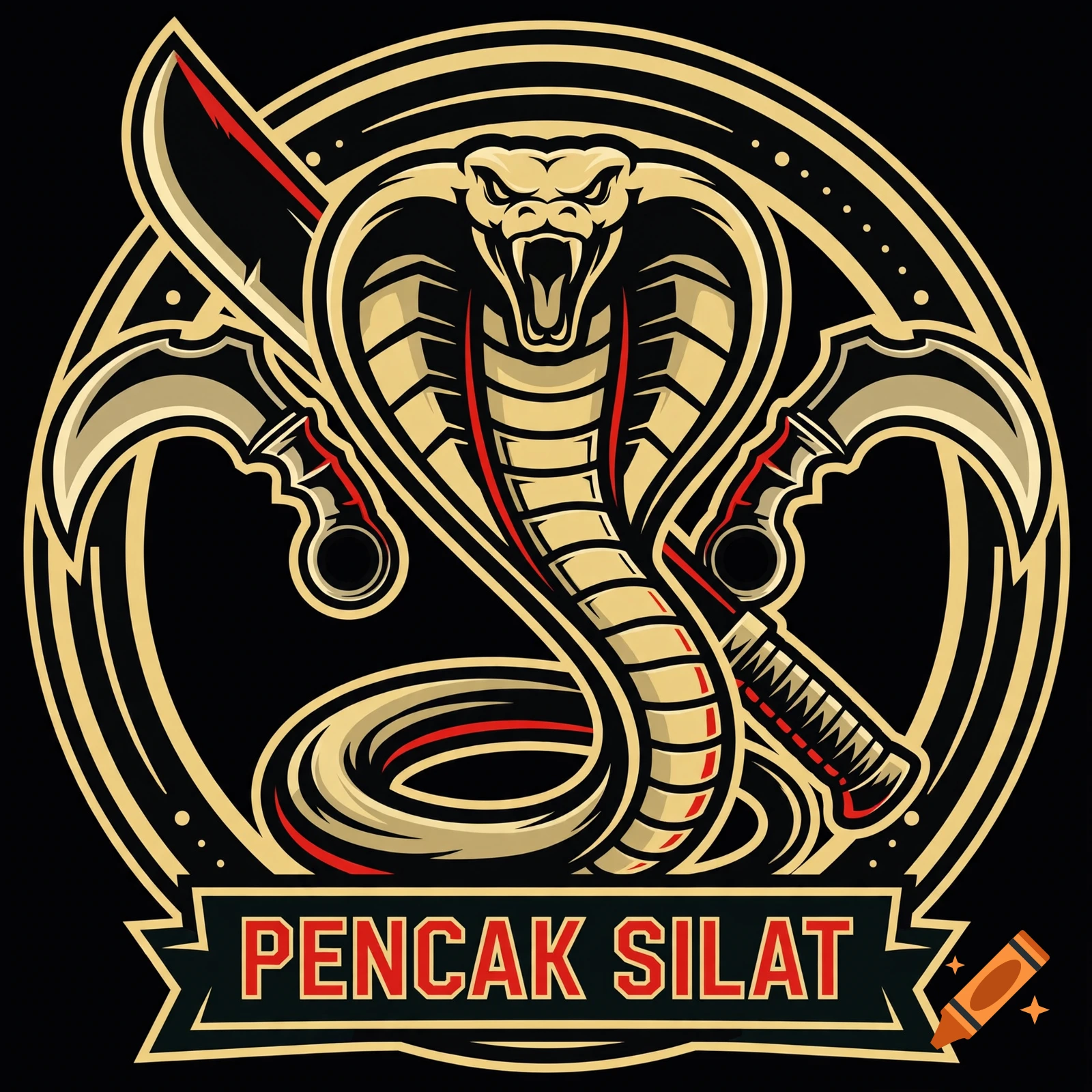 Vector logo of an aggressive cobra snake with crossed daggers and a machete, with the text 'Pencak Silat' below in red and gold.