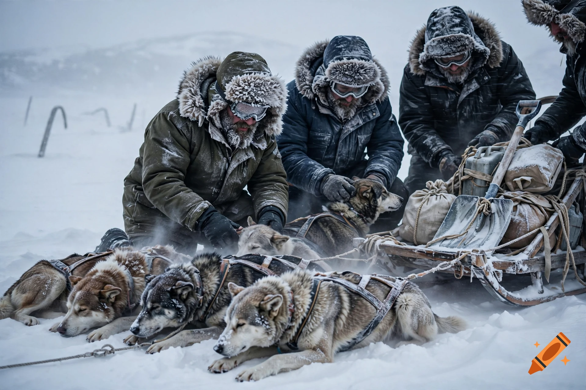 Photorealistic image of men and sled dogs resting in the snow during a winter storm.