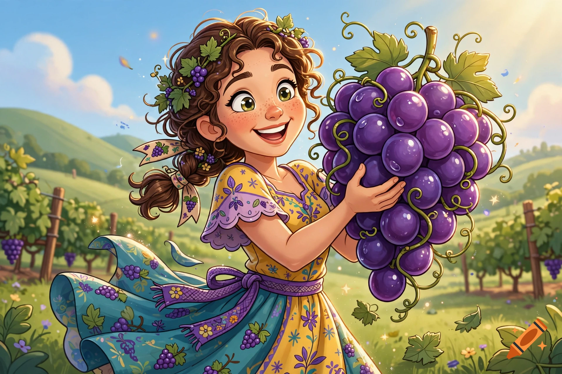 Cartoon illustration of a smiling girl with brown hair holding a large bunch of purple grapes in a vineyard.