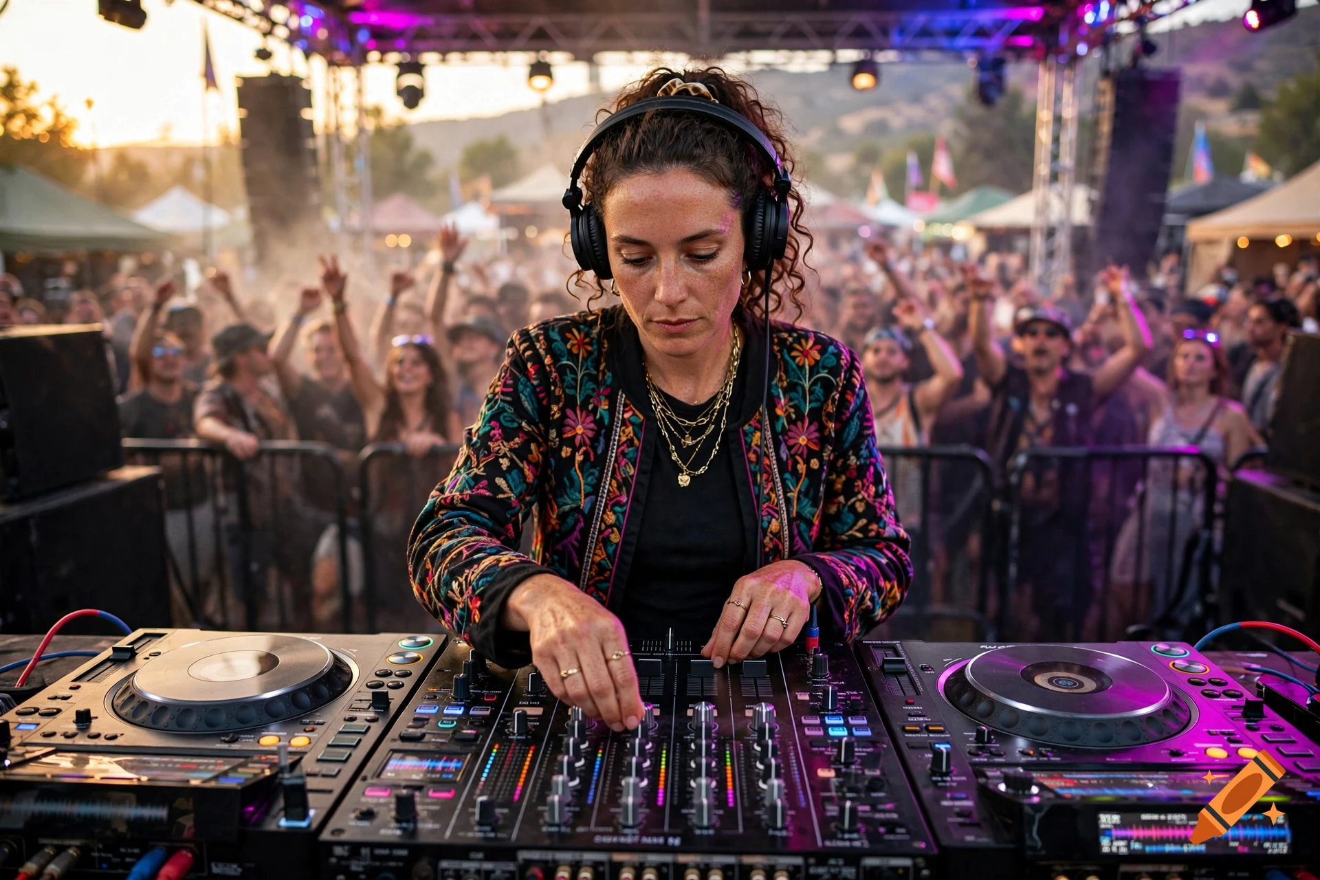 Photorealistic image of a female DJ with headphones mixing music on a dj console at an outdoor festival.
