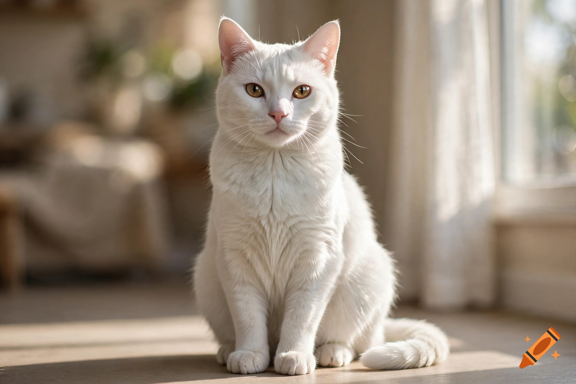 Photorealistic image of a white cat sitting on a wooden floor near a window.