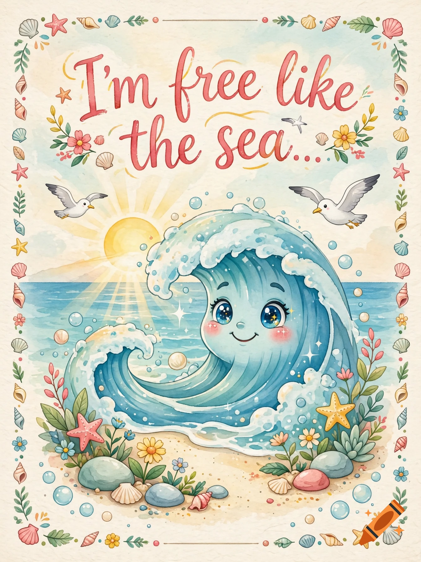 Watercolor poster depicting a cute animated ocean wave with a smiling face, surrounded by sea shells, flowers, and seagulls, with the text 'I'm free like the sea...'.