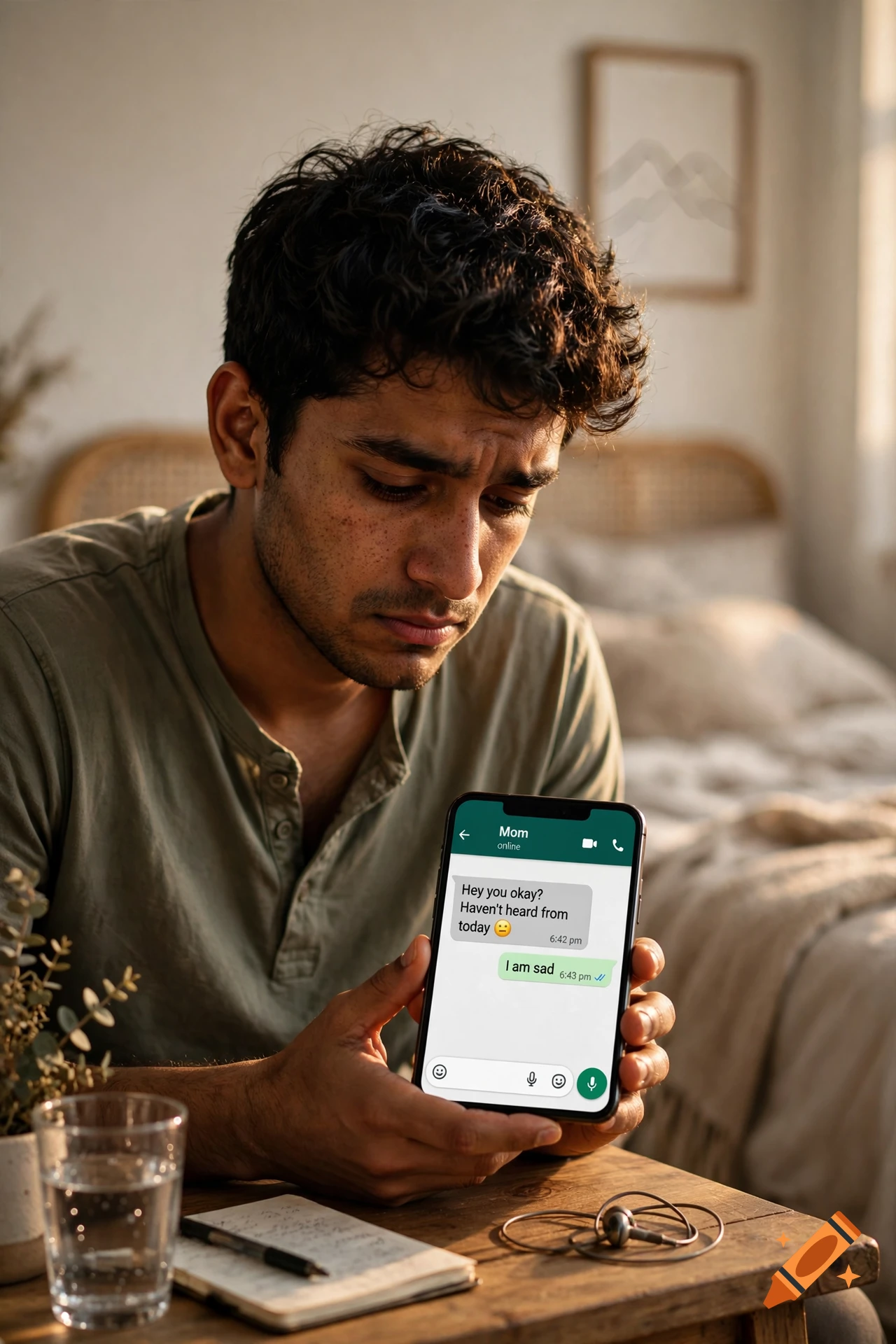 A sad young man holding a smartphone displaying a chat message on screen, photorealistic style.