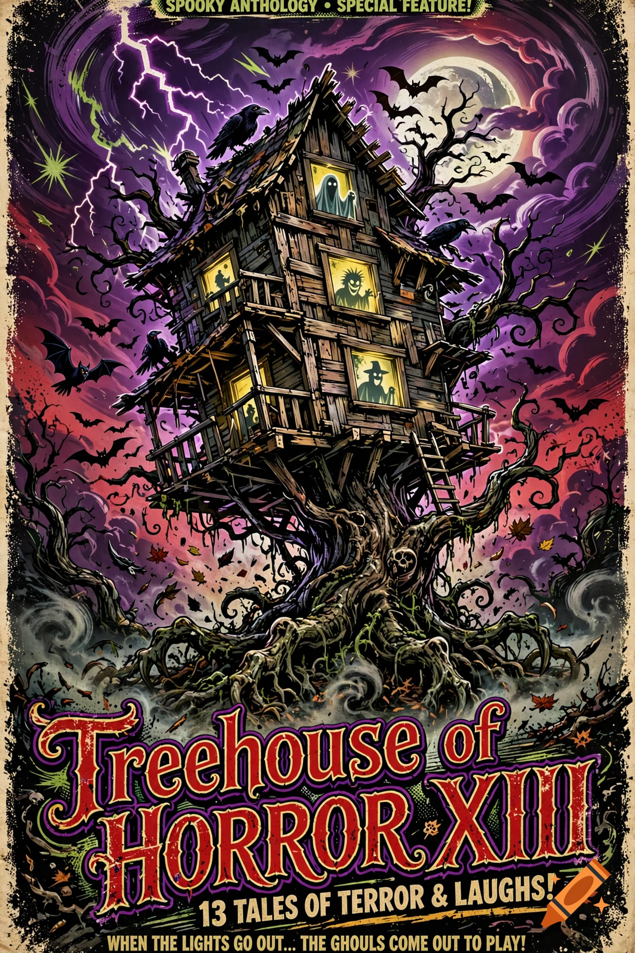 Spooky vintage horror poster featuring a haunted treehouse in a tree with glowing windows, bats, crows, and a full moon.