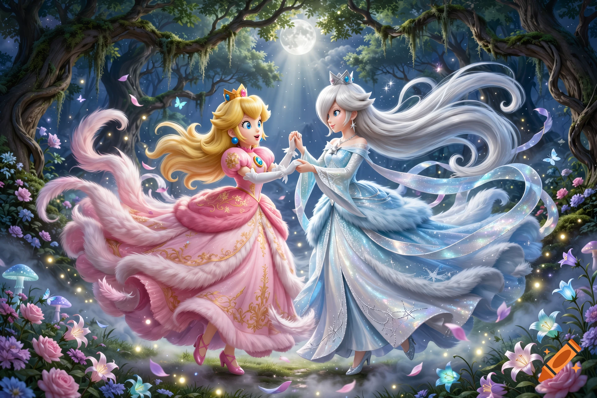 Princess Peach and Princess Rosalina dancing in an enchanted forest, digital art style.