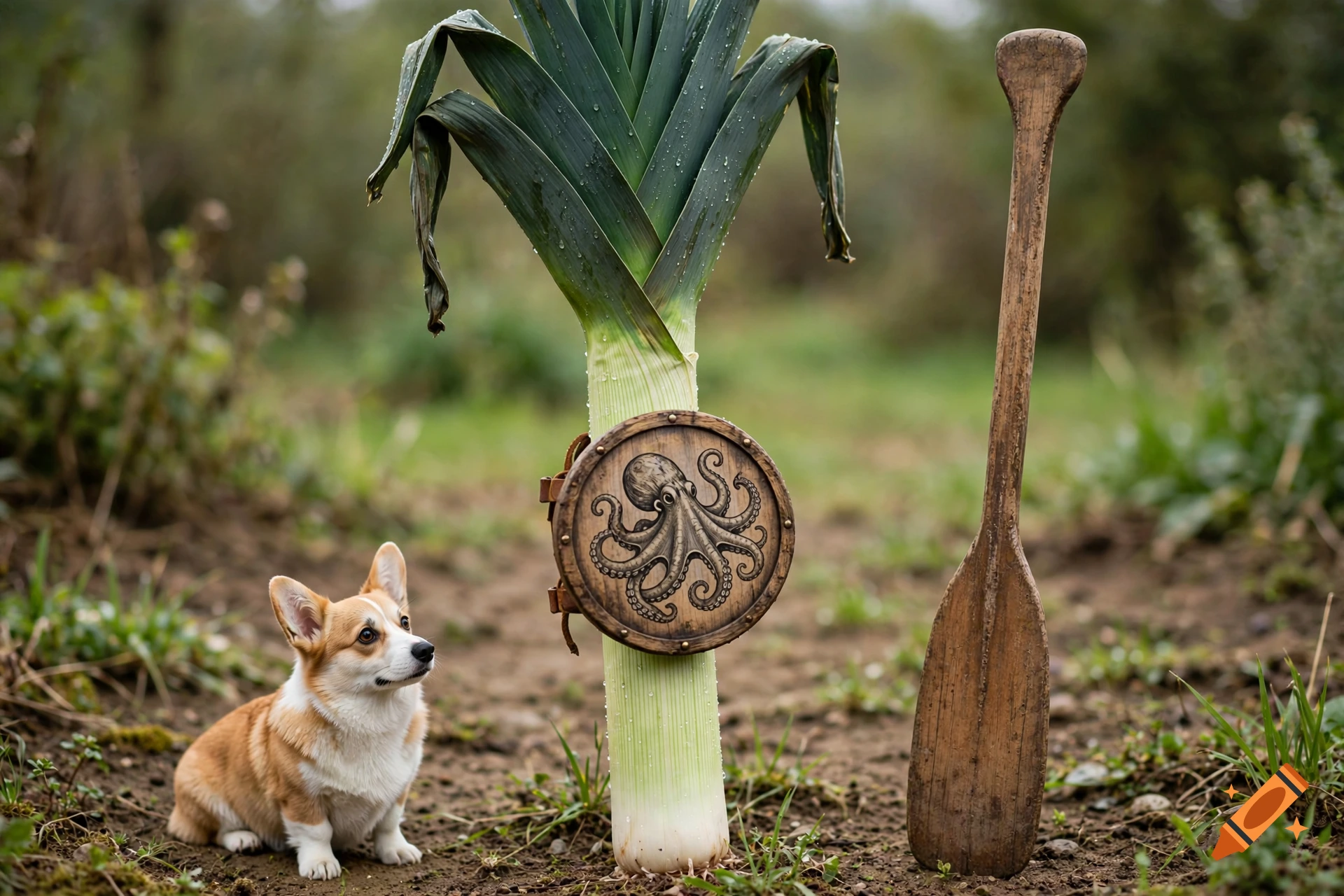 A corgi sitting beside a giant leek with an octopus shield and a wooden oar, photorealistic.