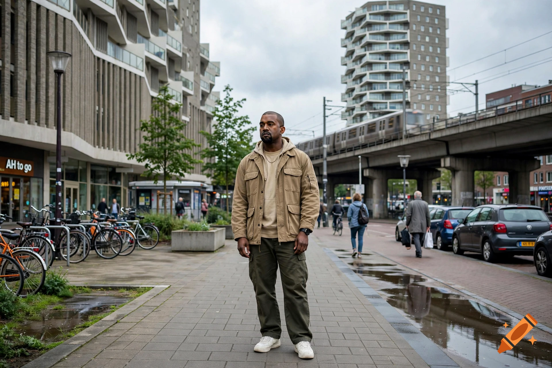 Photorealistic image of Kanye West standing on a sidewalk in the Bijlmer urban area with apartment buildings and a train in the background.