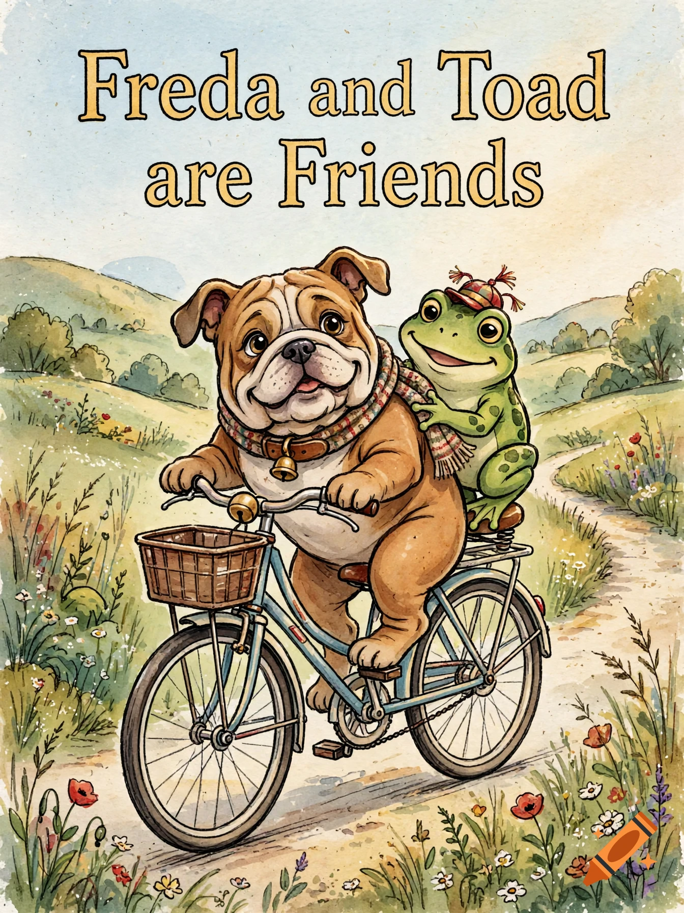 Watercolor children's book cover illustration of a bulldog and a frog riding a bicycle together on a country road.
