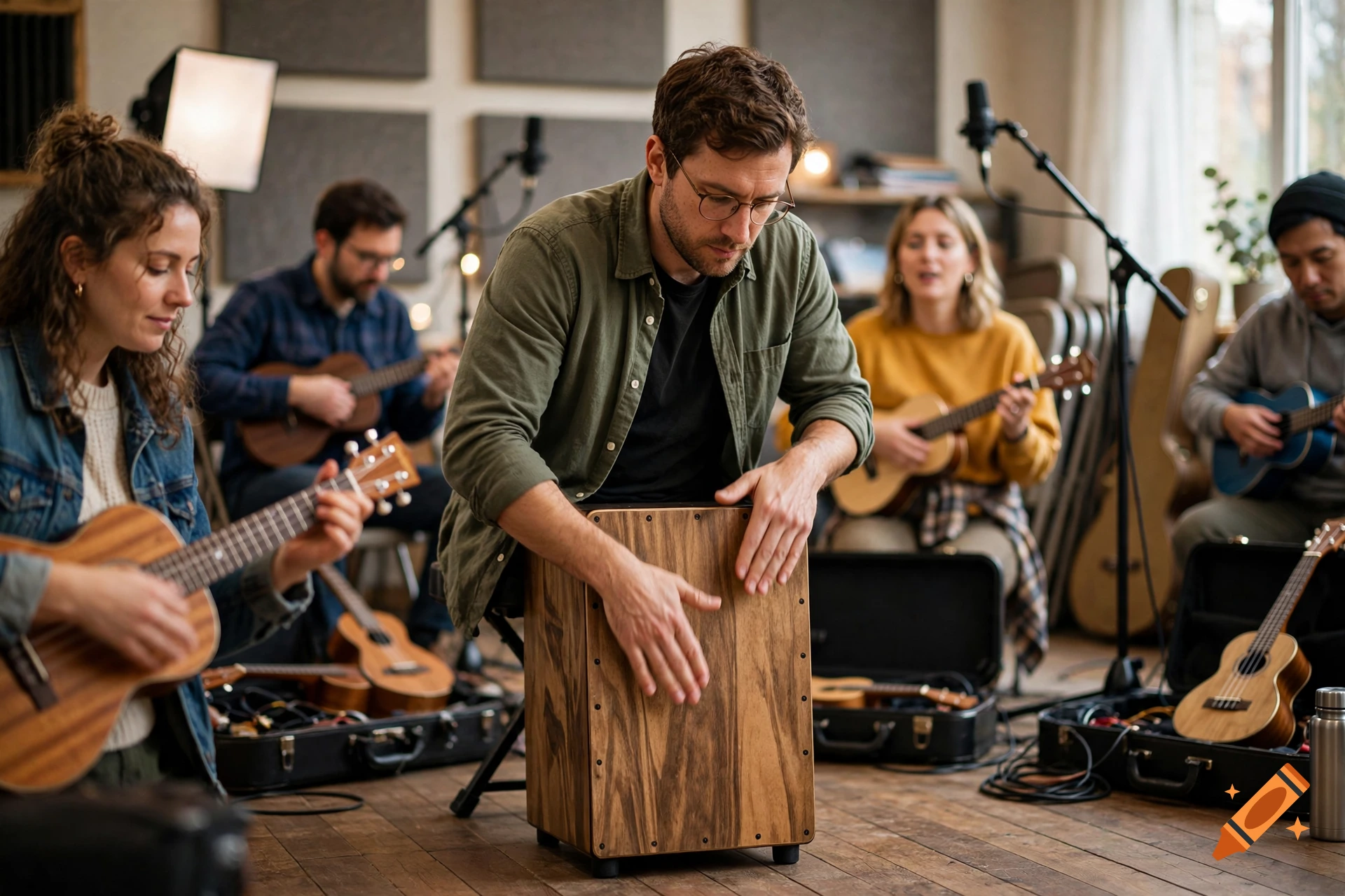 Photorealistic image of a man playing a cajon drum surrounded by people playing ukuleles in a rehearsal studio.
