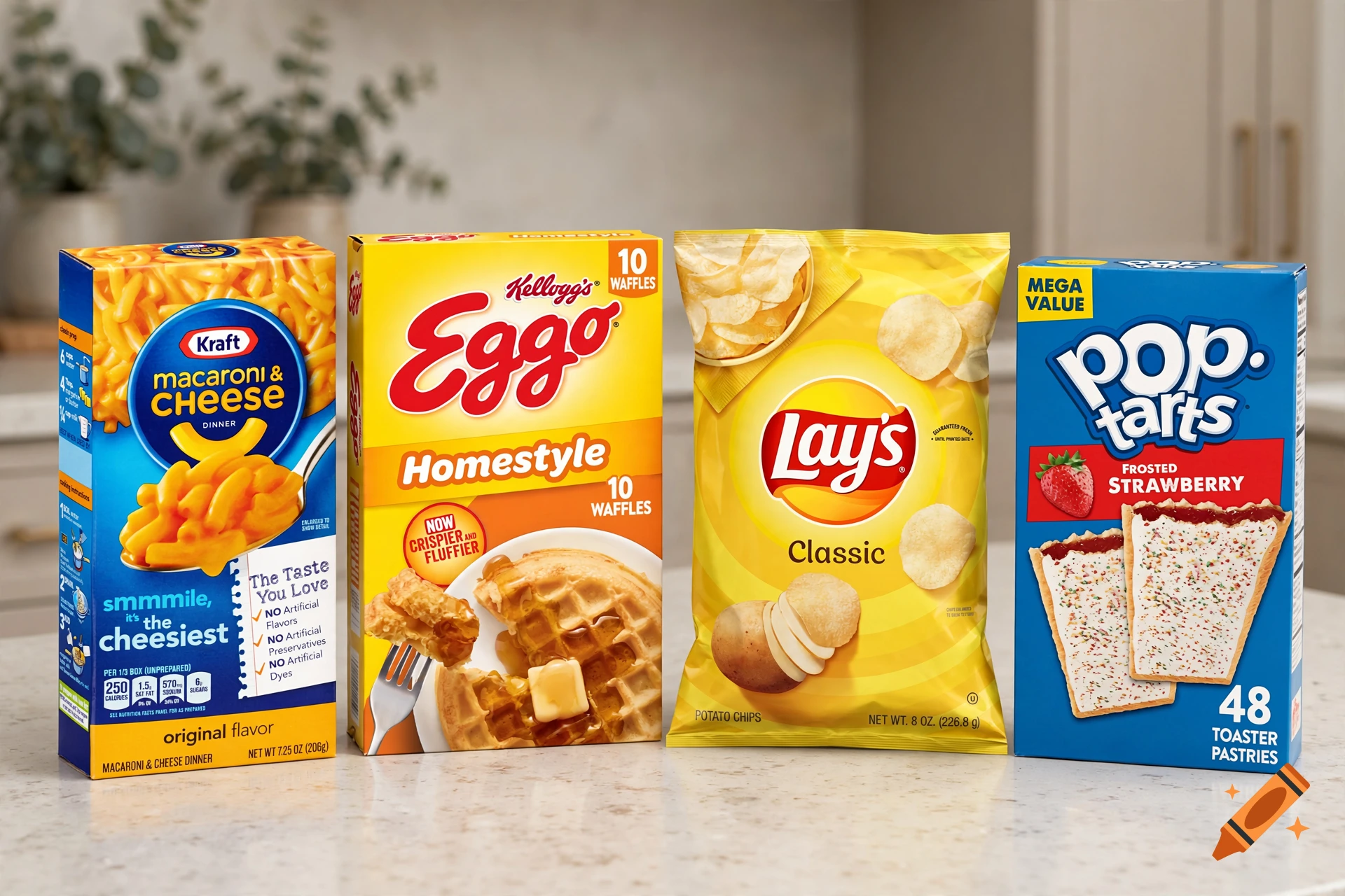 Photorealistic arrangement of four popular grocery items including Kraft Macaroni and Cheese, Eggo waffles, Lays chips, and Pop-Tarts on a kitchen counter.