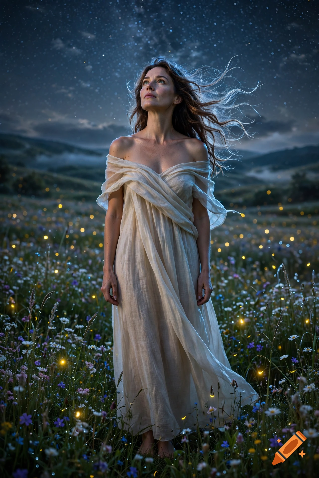 Photorealistic image of a woman in a flowing white dress standing in a field of glowing fireflies under a starry night sky.