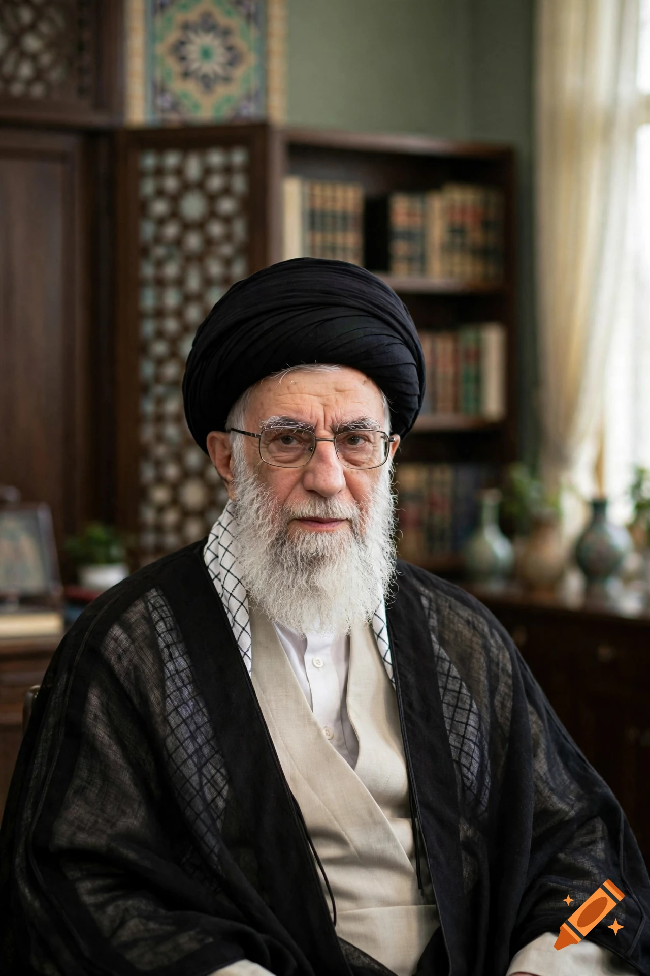 Photorealistic portrait of a middle-eastern religious leader with a white beard and black turban sitting in an office.