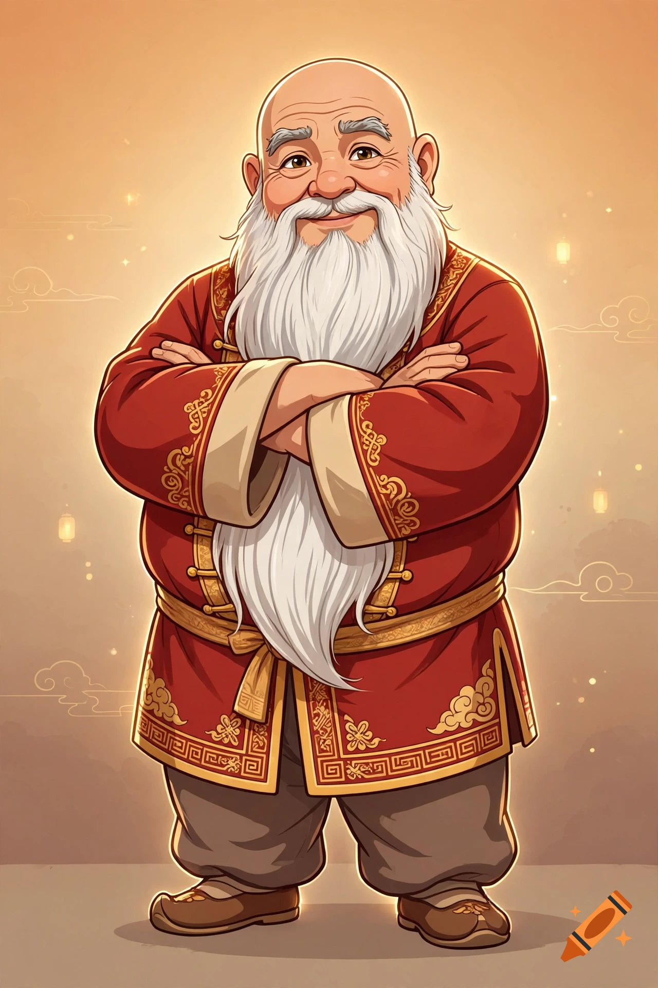 Cartoon illustration of a wise elderly man with a long white beard and round belly, wearing a traditional red and gold robe with arms crossed.
