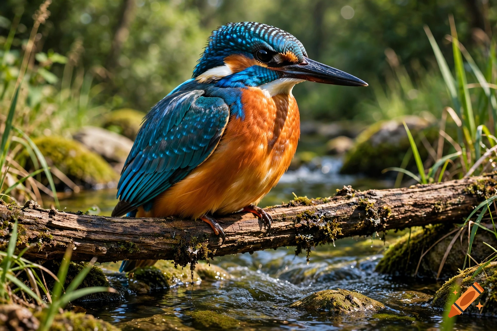 A colorful kingfisher bird perched on a mossy branch over a flowing stream.