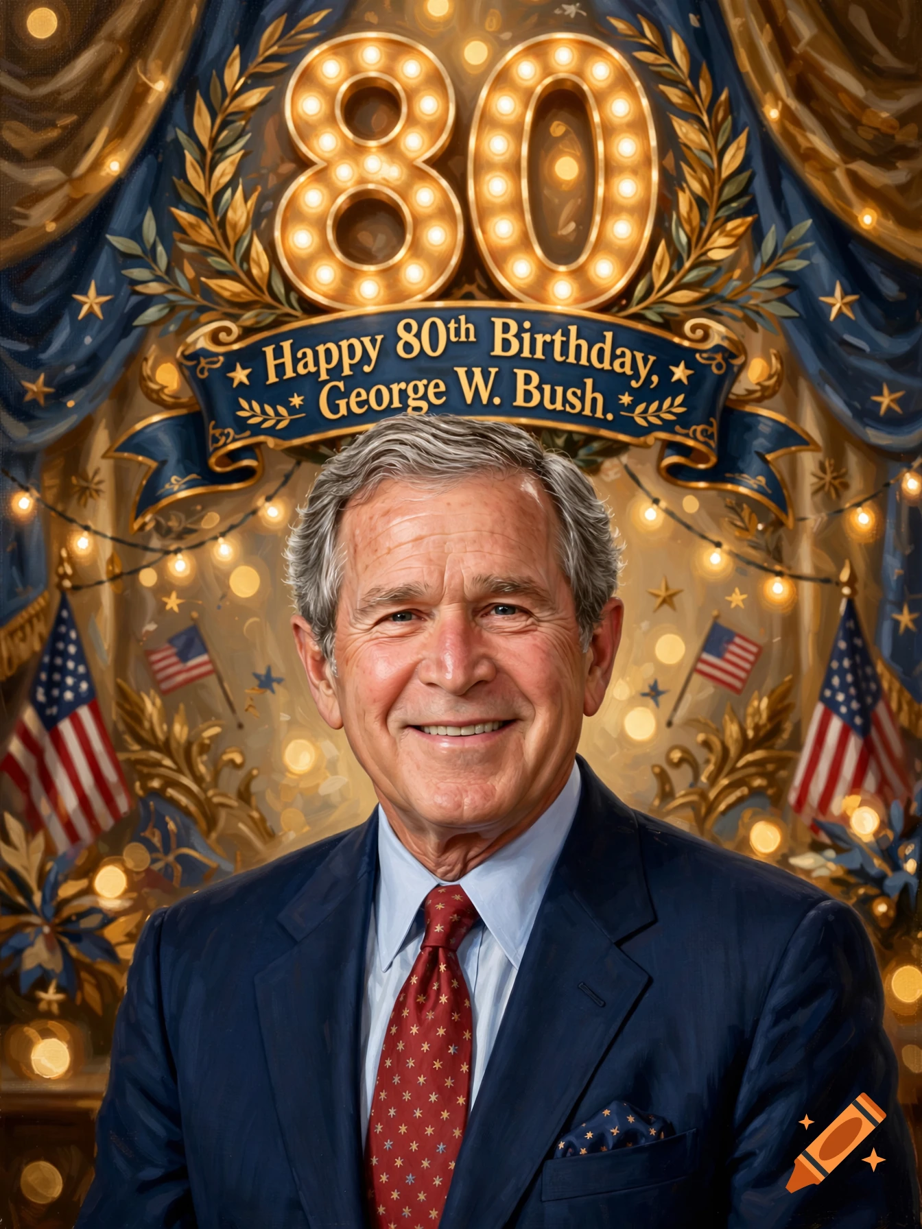 Portrait of George W. Bush smiling in a suit, with a celebratory 80th birthday backdrop and American flags.