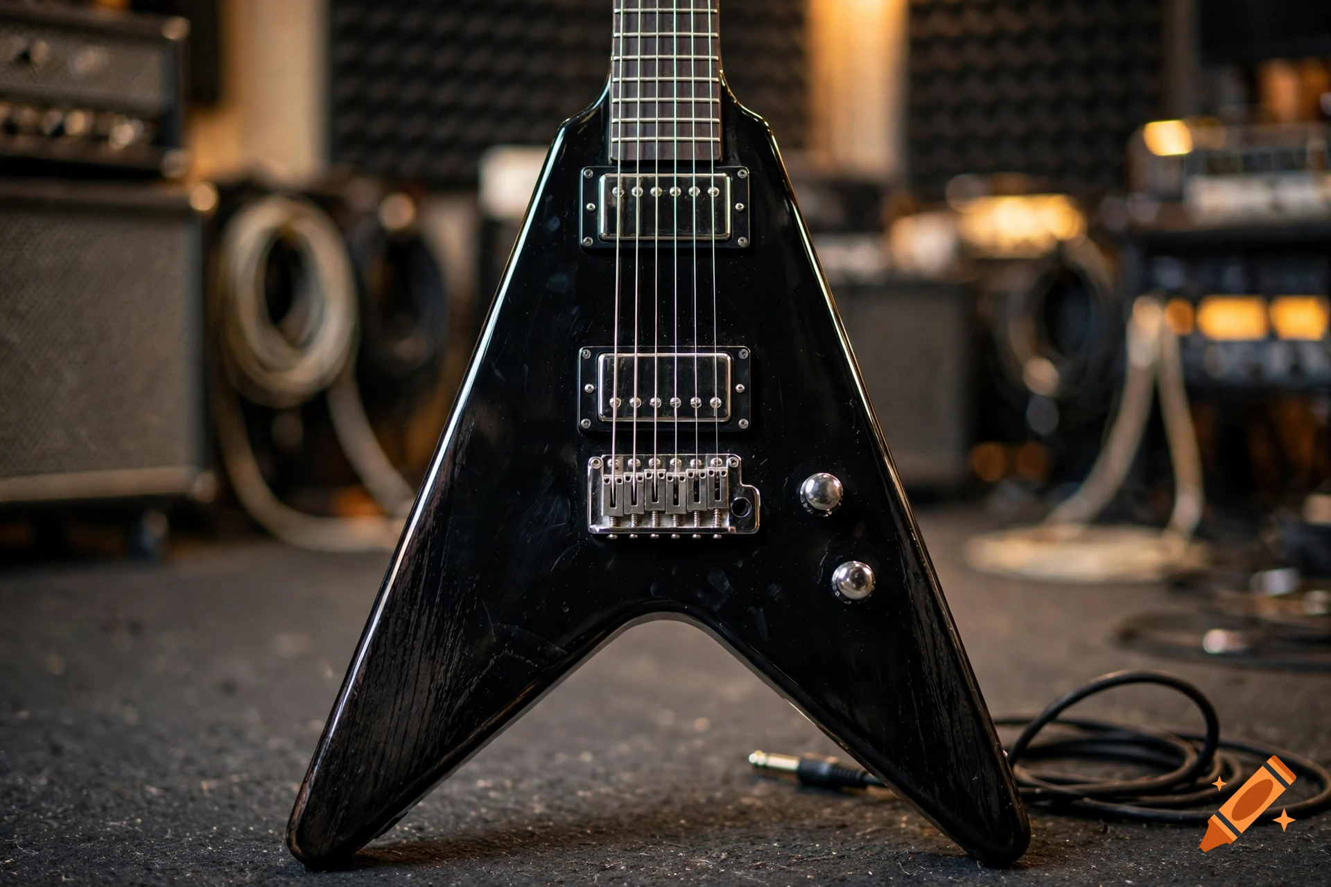 Close-up photorealistic shot of a black Flying V electric guitar standing in a music studio.