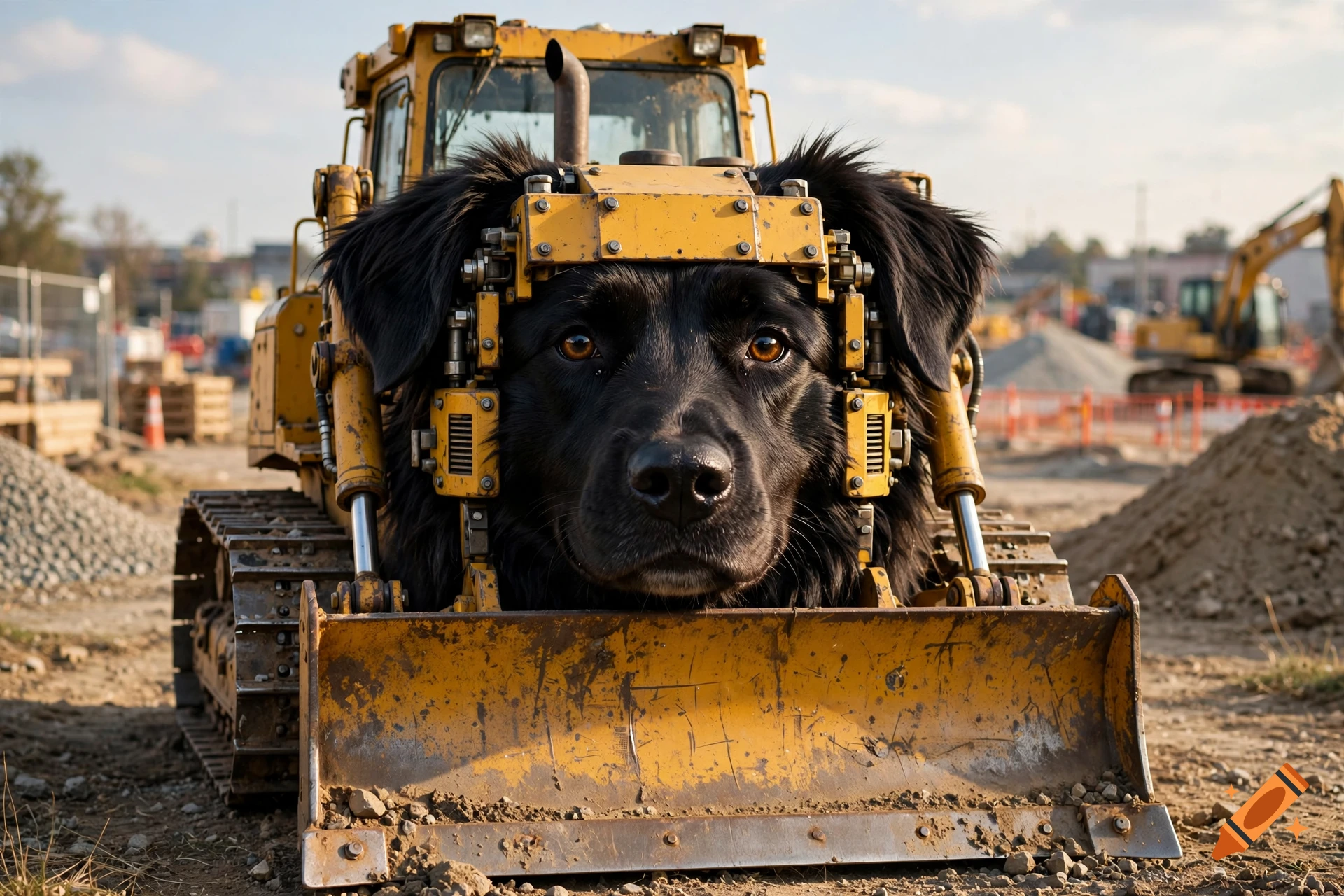 Photorealistic image of a black dog's head merged with a yellow bulldozer in a construction site.